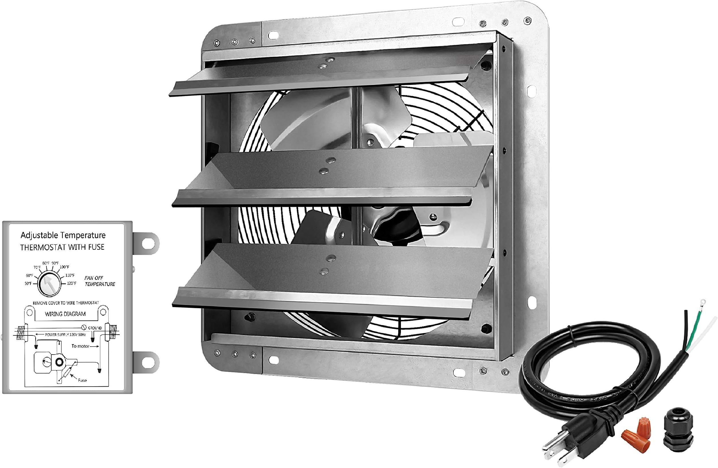 iPower 12 Inch Wall Mounted Shutter Exhaust Fan with Temperature Controller and Power Cord Kit, Aluminum, 1600 RPM, 940 CFM, for Attic, Garage, Louvered Vent, Plant, Greenhouse, Silver