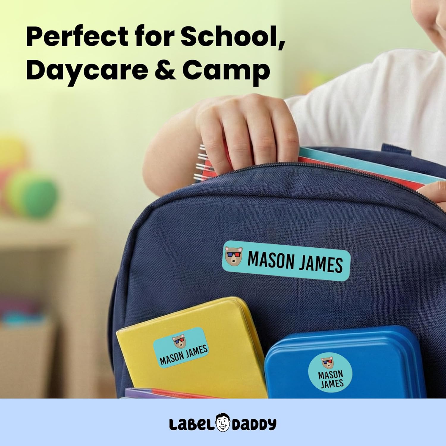 Label Daddy Personalized Name Labels for Boys – Washable Custom Name Tags – Premium Waterproof Labels for School, Clothing, Lunch Boxes, Summer Camps & More – 128 Ct & 256 Ct | Bear Design