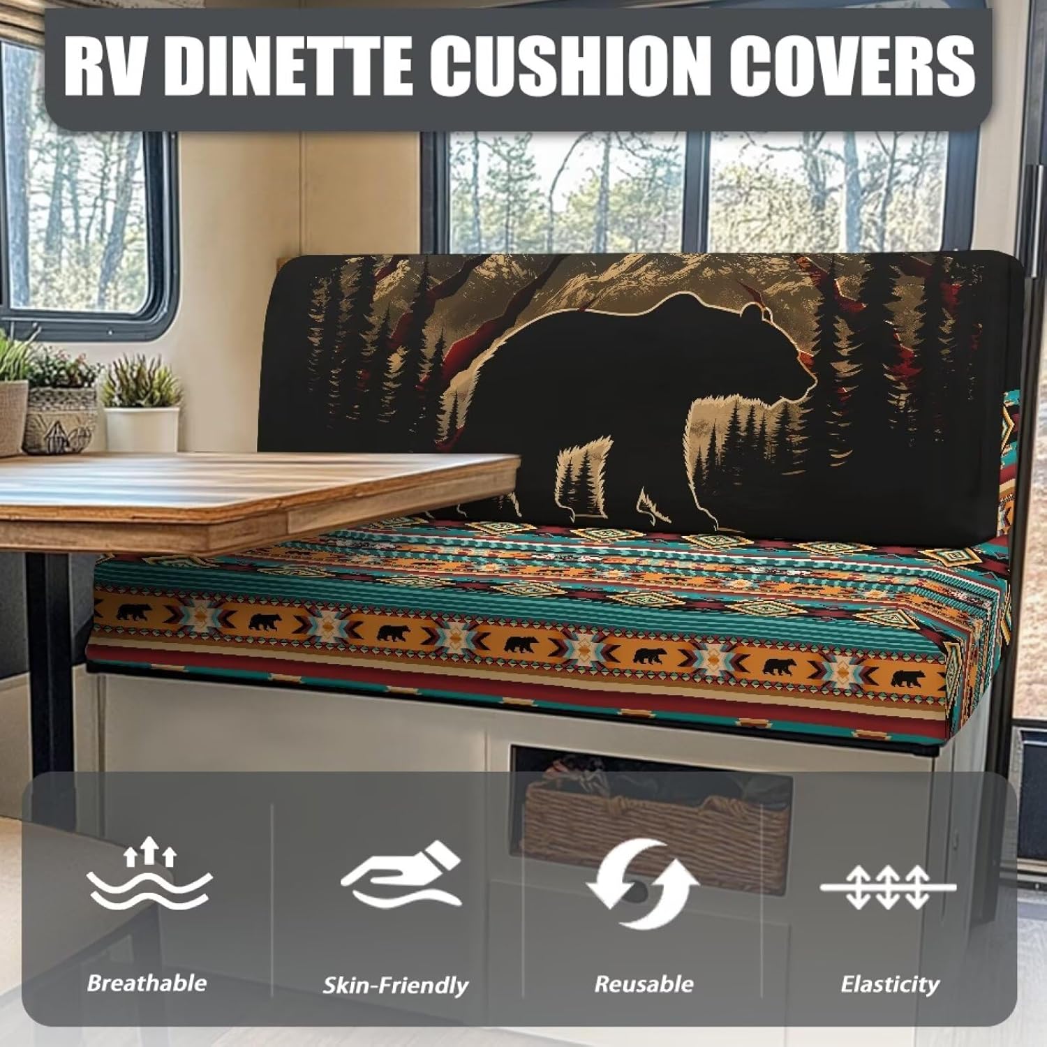 Boatee RV Dinette Cushion Covers Aztec Bear Washable Camper Accessories Universal Slip Covers for Loveseat Cushion Covers for Couches and Sofas Travel Trailer Accessories