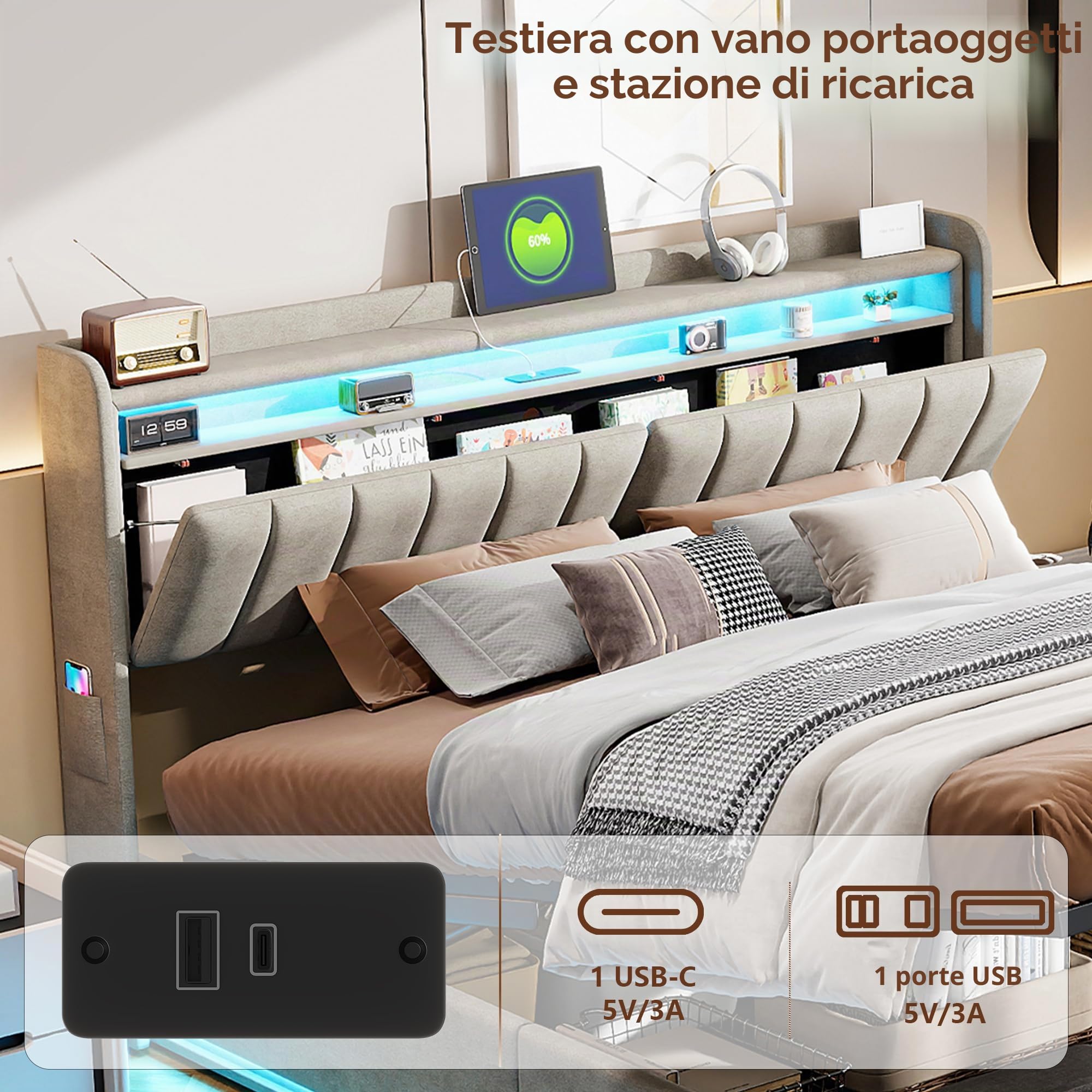 Letto Matrimoniale con Contenitore 160x200 cm,Letto Imbottito con LED e USB,Testiera con Funzione di Stoccaggio,Letto Baule 160 x 200 con Idraulico e Rete a Doghe,Velluto,Grigio