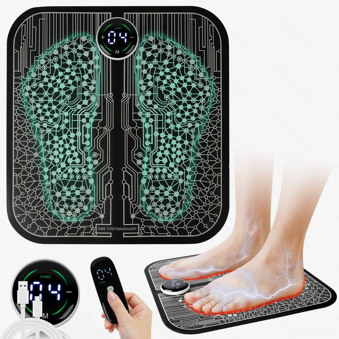 EMS Foot Massager Mat,Foot Stimulator,Improve Circulation,Muscle Relaxation,Portable & Rechargeable Feet Massager Pad with 10 Modes &39 Levels FSA HSA Eligible
