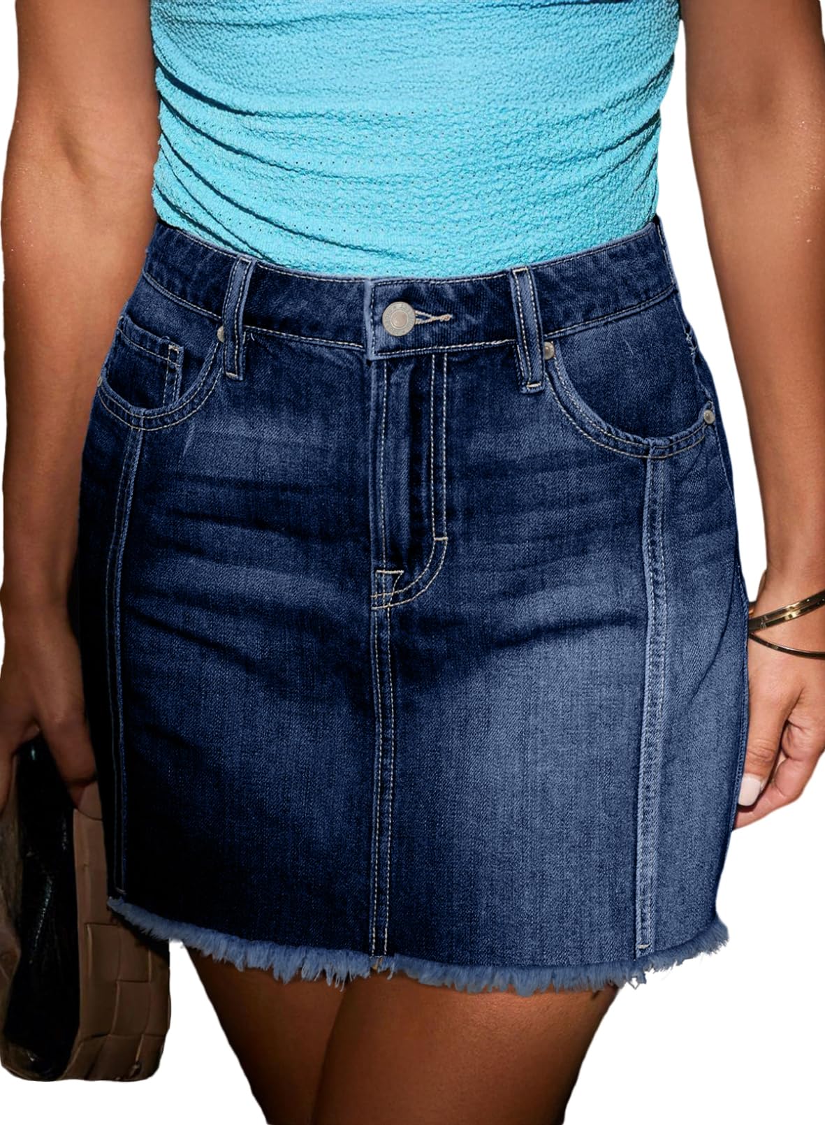 SIDEFEEL Womens Denim Skirt Casual Stretch High Waist Raw Hem Zip Fly Jean Skirt for Women