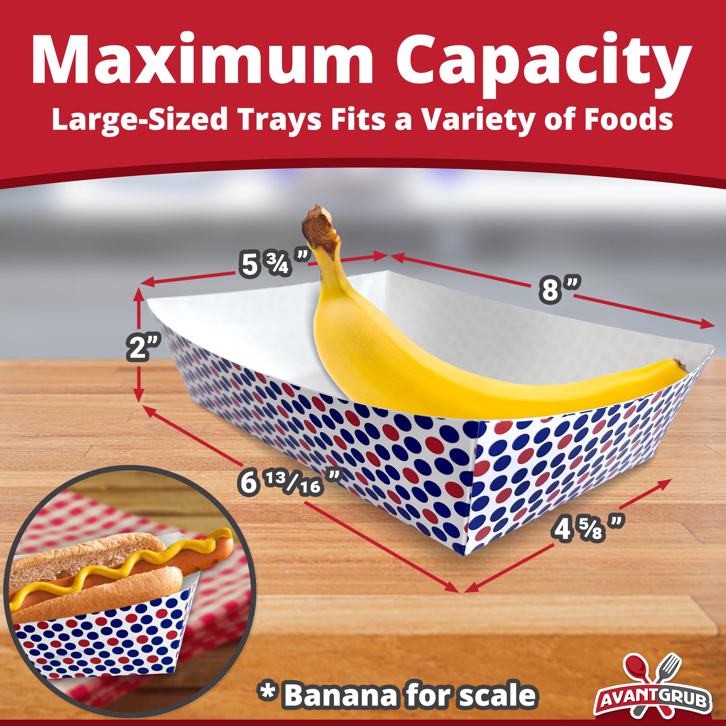 Heavy Duty, Grease Resistant 3 Lb Paper Food Trays 100 Pack. High Capacity Durable Boats. Blue and Red Polka Dot Disposable Plates. Paperboard Basket for Festival, Carnival and Concession Stand Treats