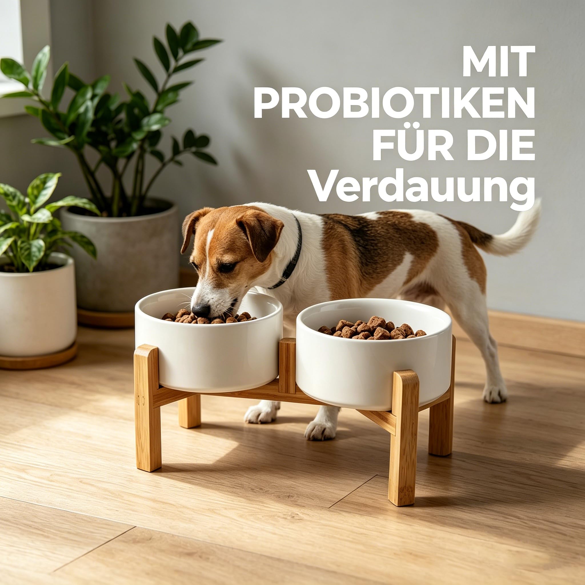 Hundenapf Erhöht, Erhöhter Futternapf Hund, Keramik Hunde Napfset, Futternäpfe Katzennapf mit Holz Ständer für Kleine und Mittelgroße Hunde, 850 ml x 2 (weiß)