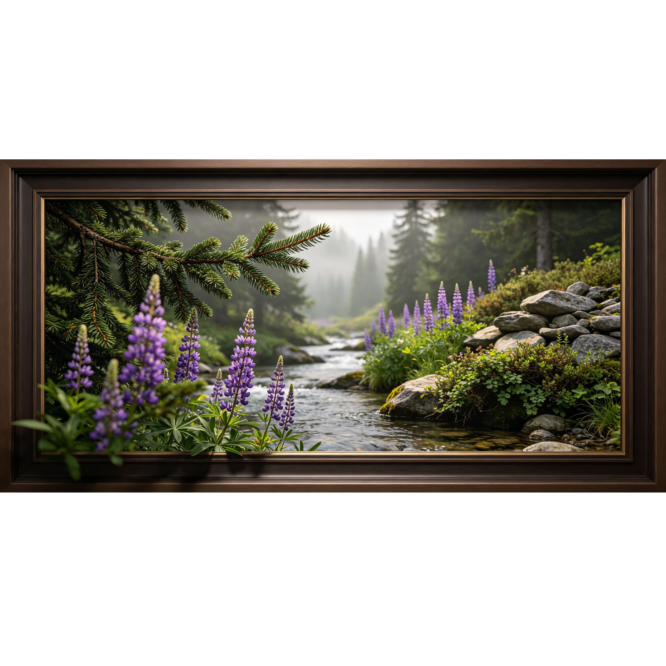 Agglomerix 3D Framed Wall Art Lupine Flower Pine Branch River Rock Forest Landscape Large Size SelfAdhesive Removable Wall Decor Prints Artwork for Living Room Bedroom Office