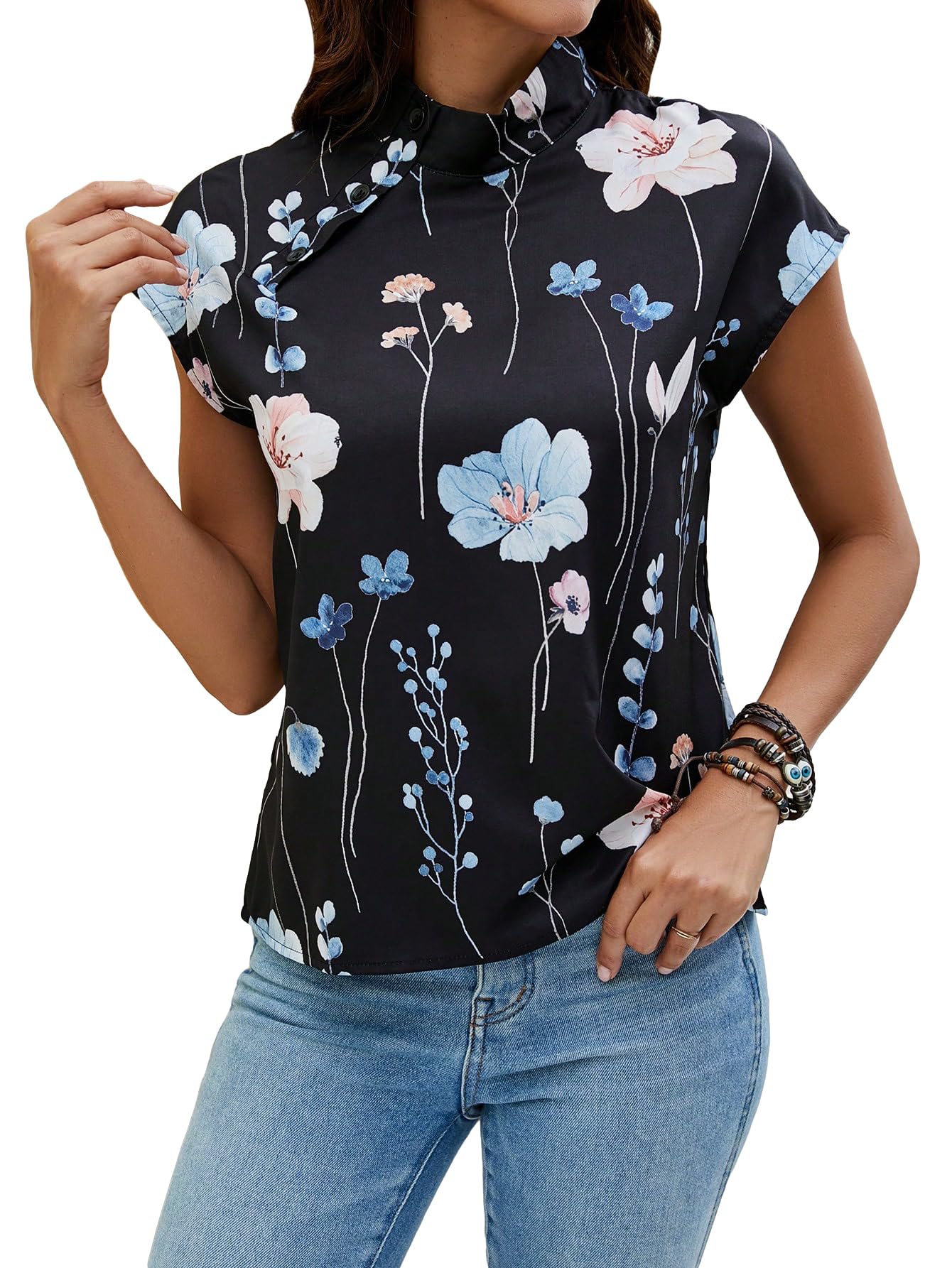 SOLY HUXWomen's Floral Print Button Mock Neck Short Sleeve Blouse Top