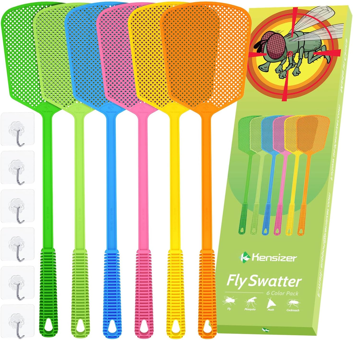 Kensizer 6-Pack Plastic Fly Swatters Heavy Duty, Multi Pack Matamoscas, Jumbo Long Handle Fly Swat Shatter Bulk, Large Bug Swatter that Work for Indoor and Outdoor