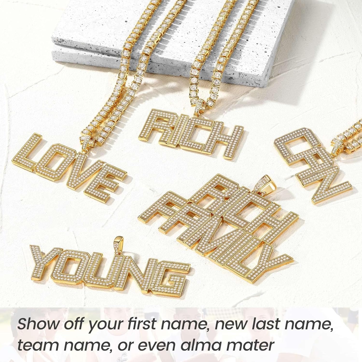 KeyStyle Initial Necklaces For Men, Bling Letters Chain Necklace Hip Hop Simulated Diamond Name Pendant with Tennis Chain Spiga Chains
