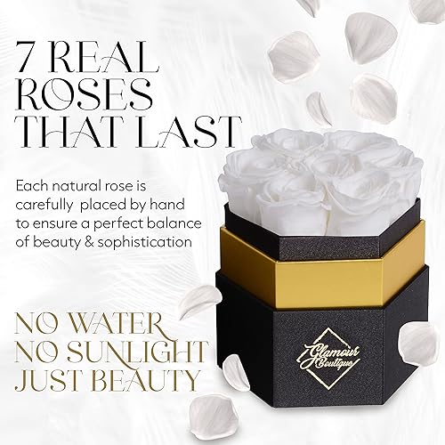 Miniatura 2 de GLAMOUR BOUTIQUE 7-Piece Forever White Rose Box - Preserved Roses in a Box Immortal Roses in a Box That Last A Year - Eternal Rose Preserved Flowers