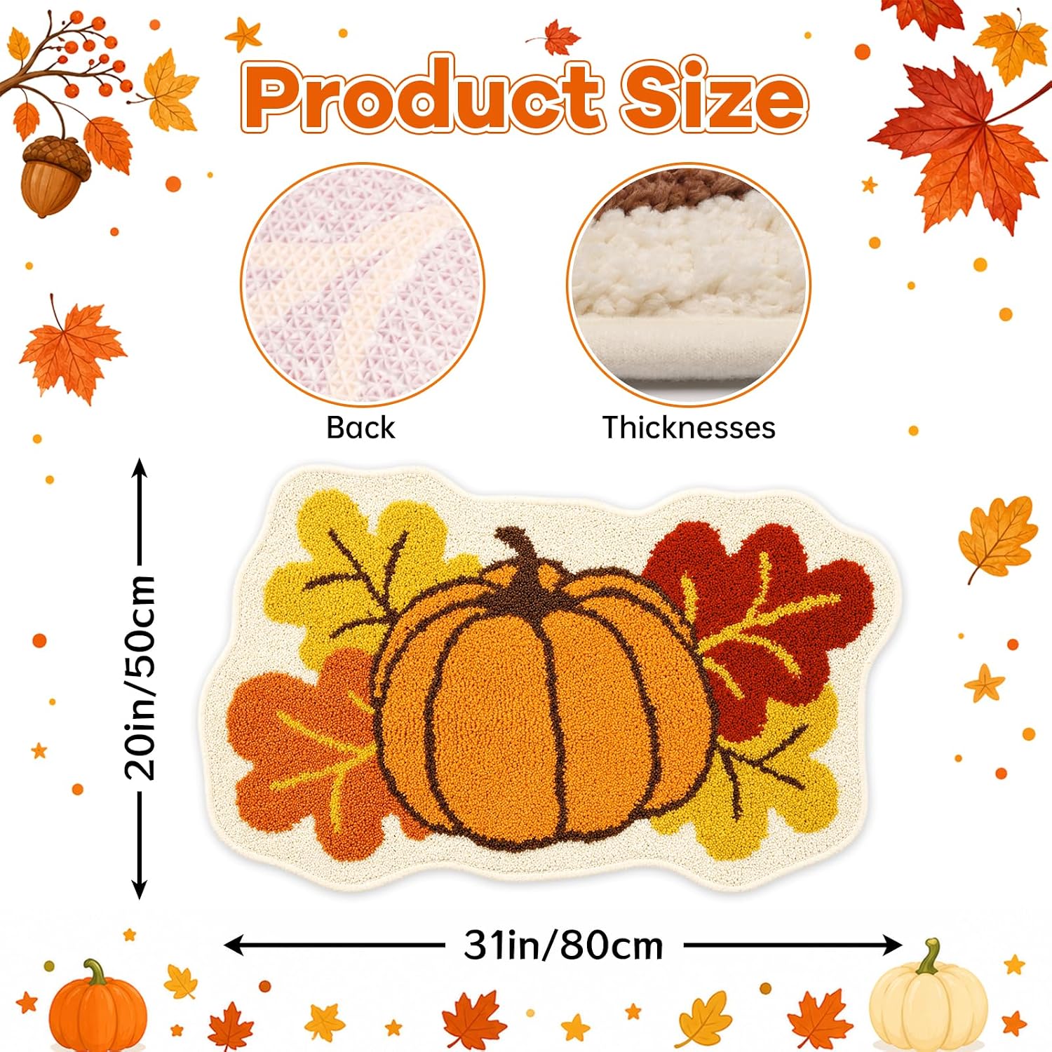 Pumpkin Fall Bathroom Rugs,Maple Leaf Bath Mat 31" x 20"