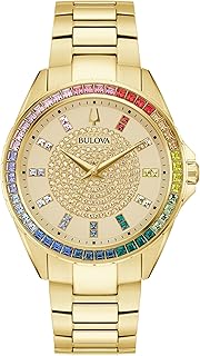 Bulova Men's Crystal Phantom Gold Tone Stainless Steel 3-Hand Watch, Rainbow Crystal Bezel and Gold Dial with Pave Center, Style:97A179