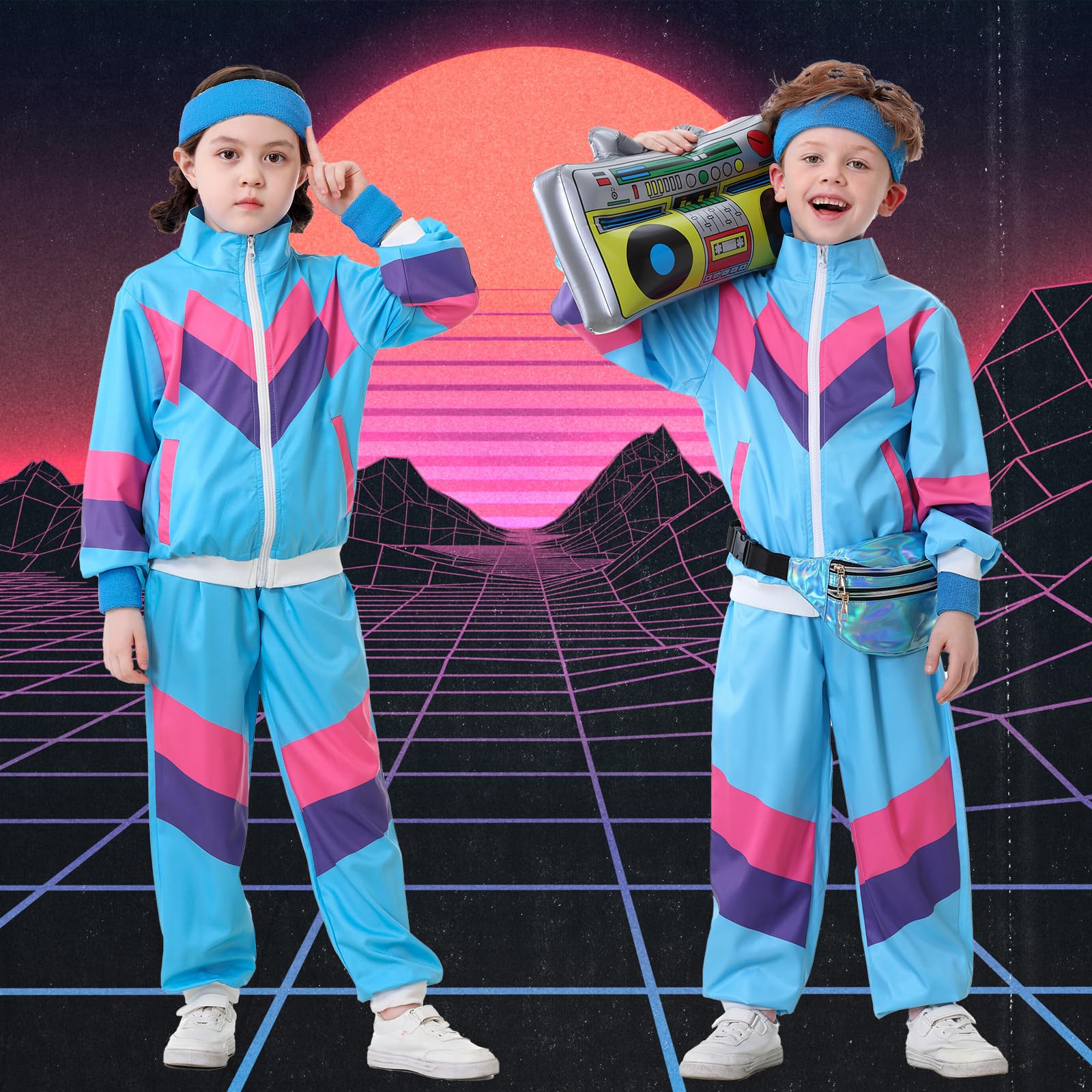 Ezuwail Traje deportivo para niños de los años 80 y 90 para niños y niñas, 6 piezas, unisex, retro, cortavientos, entrenamiento, hip hop, disfraz de baile