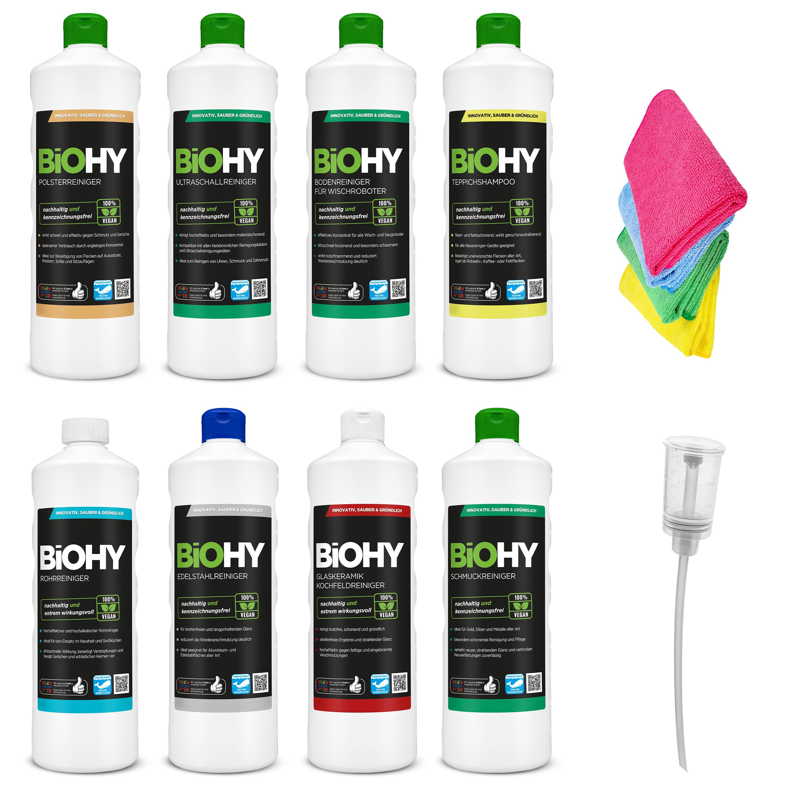 BiOHY Juego combinado de limpieza con dosificador y 4 paños de microfibra (8 x 1 L), para todos los ámbitos de aplicación, potente y eficiente, limpiador 100% vegano sin microplásticos nocivos