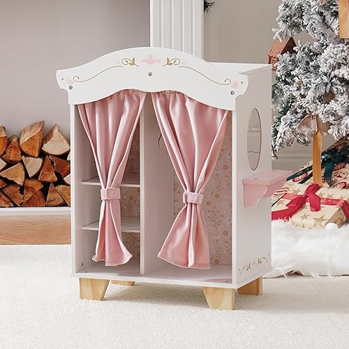 Miniatura 2 de ROBUD Armario de madera para muñecas, armario de muebles de muñecas con 5 perchas, espejo, cortinas de terciopelo, apto para ropa de muñecas de 16 a