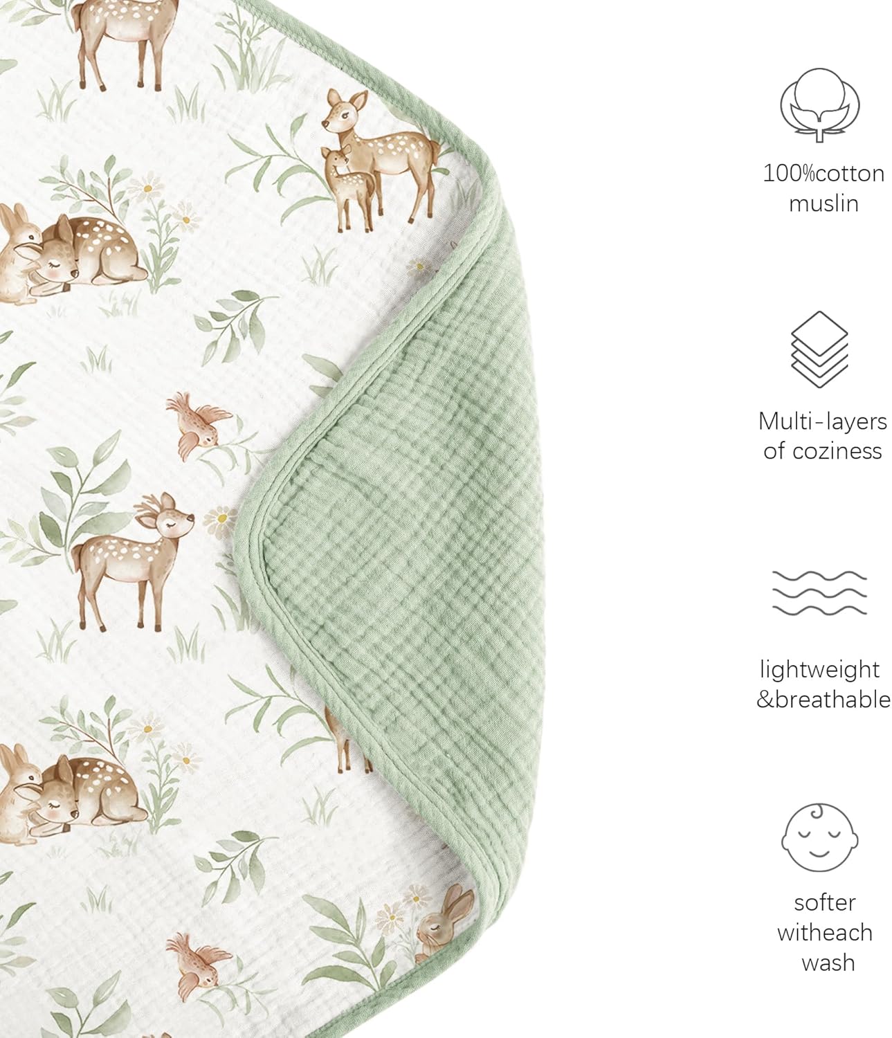 Konssy Muslin Baby Blankets for Girls Boys, 100% Cotton Crib Blanket for Infant Toddler, Super Soft and Lightweight Nursery Swaddling Wrap 40"x36" (Woodland) - Image 4