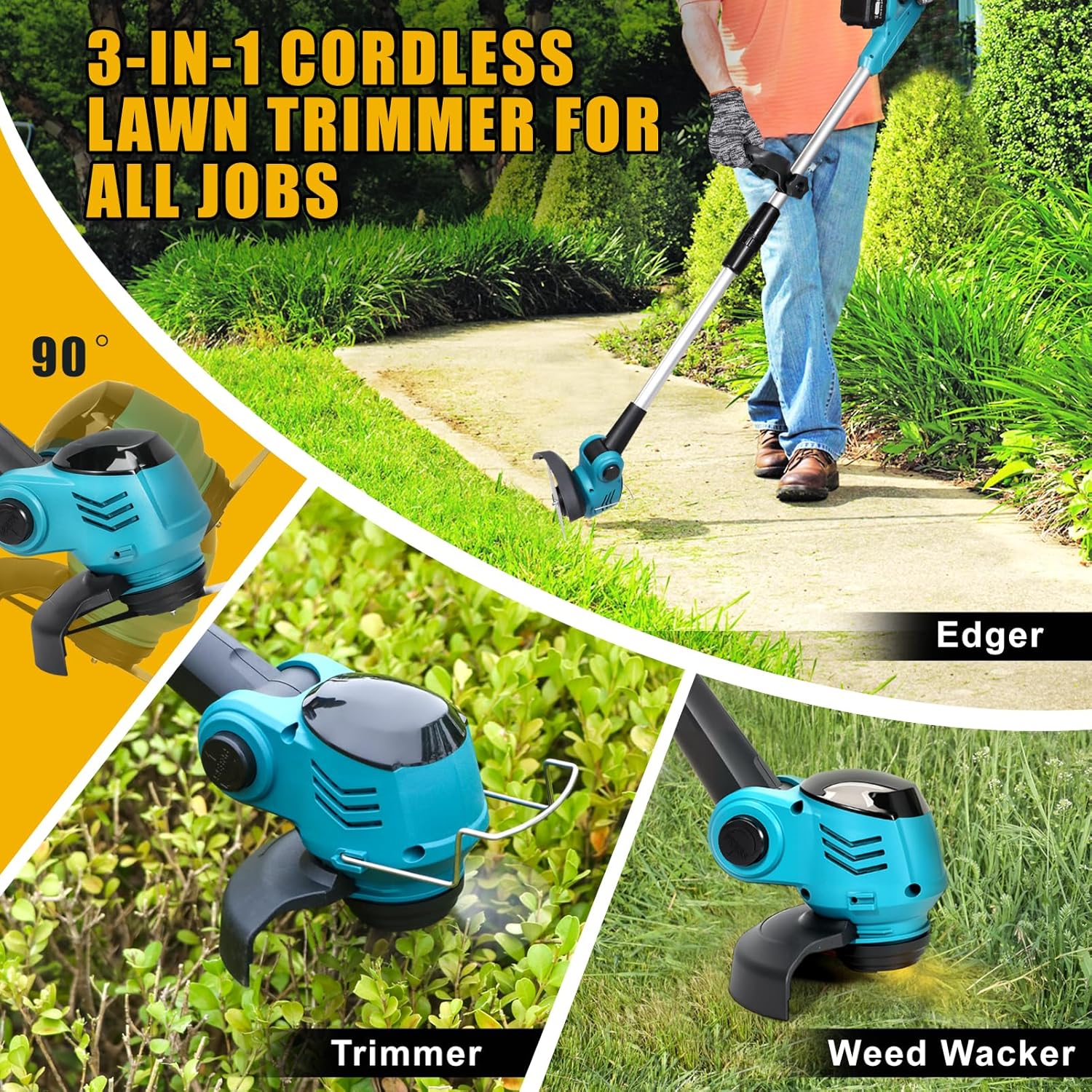 Blue Electric Weed Wacker Cordless, Electric Grass Trimmer 21V 4.0Ah Battery Powered Weed Trimmer, 3 in 1 Lightweight Brush Cutter/Edger/String Trimmer with 2 Types Blade & for Garden and Yard Lawn