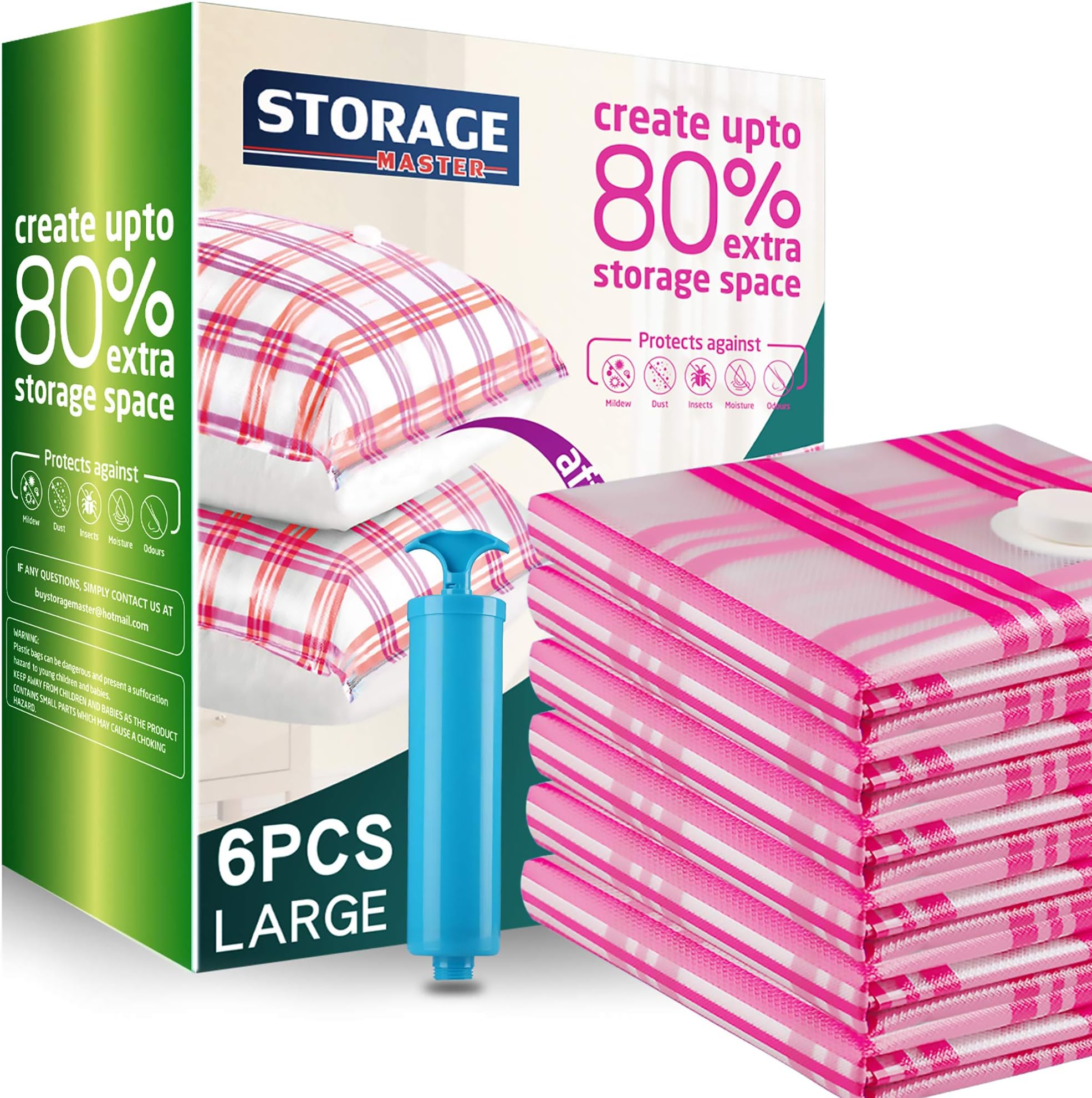 STORAGE MASTER Space Saver Bags for Travel and Home Reusable Vacuum Storage Bags Save 80% More Storage Space with Travel Hand Pump (6-Combo(2J+2L+2M))