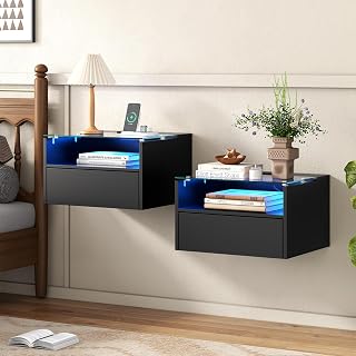 Black Floating Nightstand Set with Charging Station