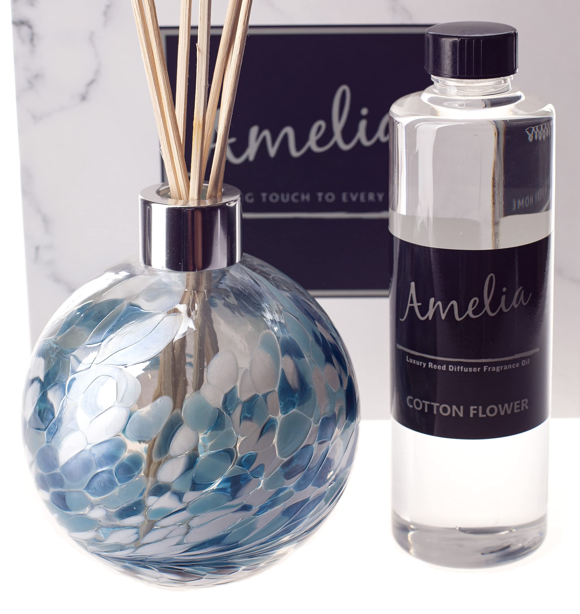 Amelia Art Glass Turquoise Reed Diffuser Gift Set White