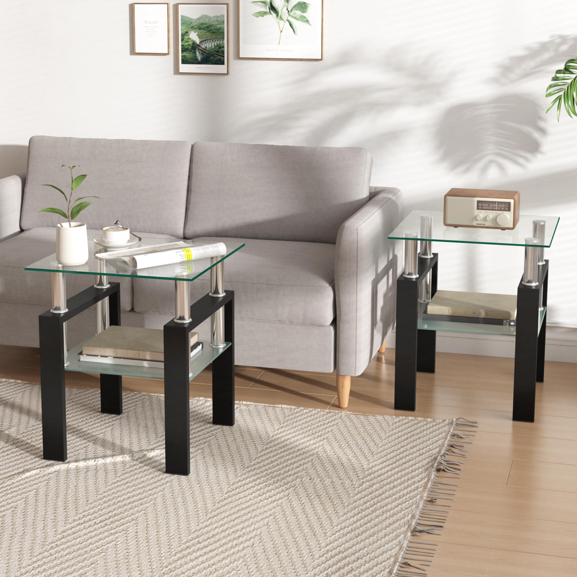 IANIYA 2PCS Modern Glass End Table, 2-Tier Side Table with Tempered Glass Top & Metal Legs, Night Stand Corner Table for Living Room, Bedroom