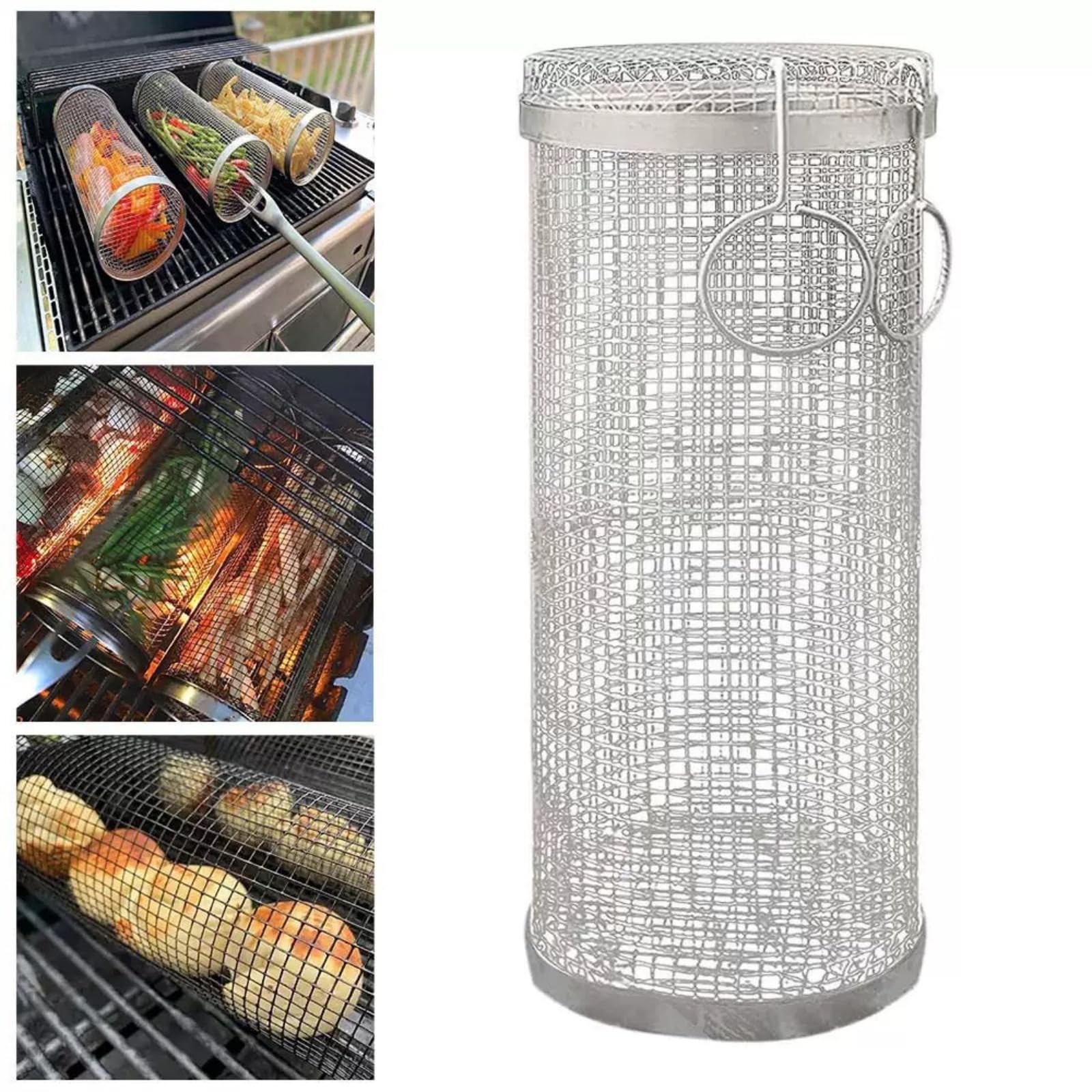 Cestello per barbecue rotante in acciaio inox, cestello cilindrico per barbecue, cestello portatile per barbecue da campeggio, adatto per grigliare verdure e carne, accessorio da cucina multifunzional