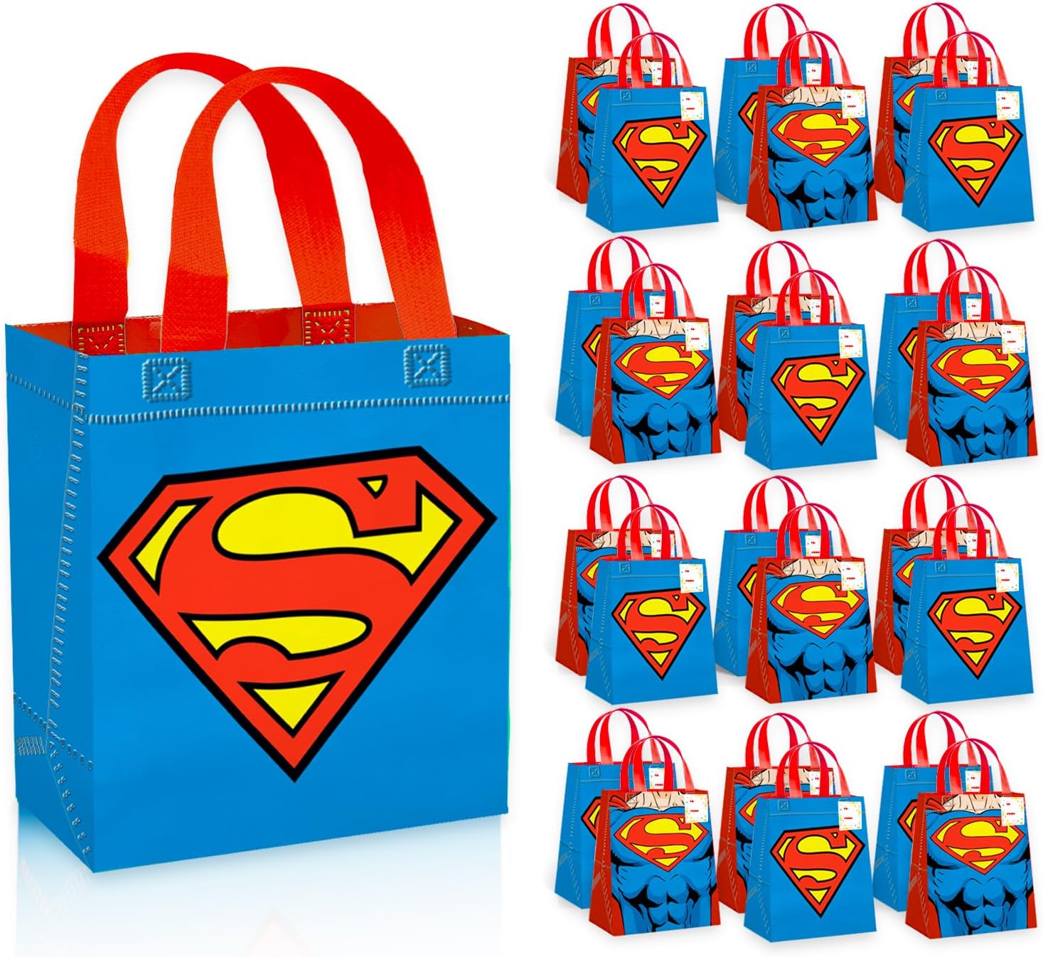 Superman Party Favor Bags for Kids Birthday 24 Pack Bundle | Mini 8" Super Man Party Goodie Bags, Bulk Reusable Tote Canvas Gift Bags - Superhero Party Supplies for Boys Girls