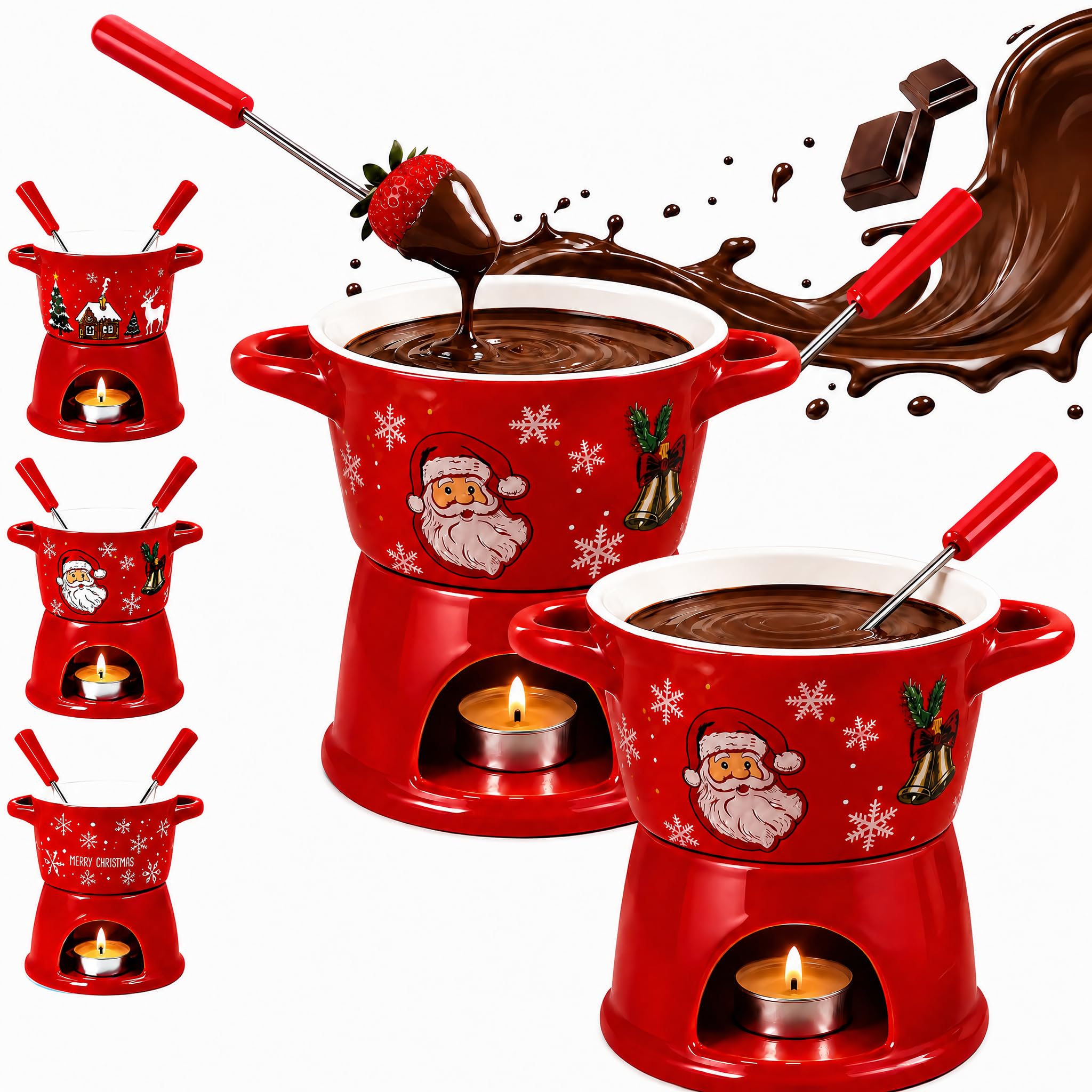 Christmas Ceramic Chocolate Fondue Mug with Fork, Ceramic Melting Cup (Style B*2)