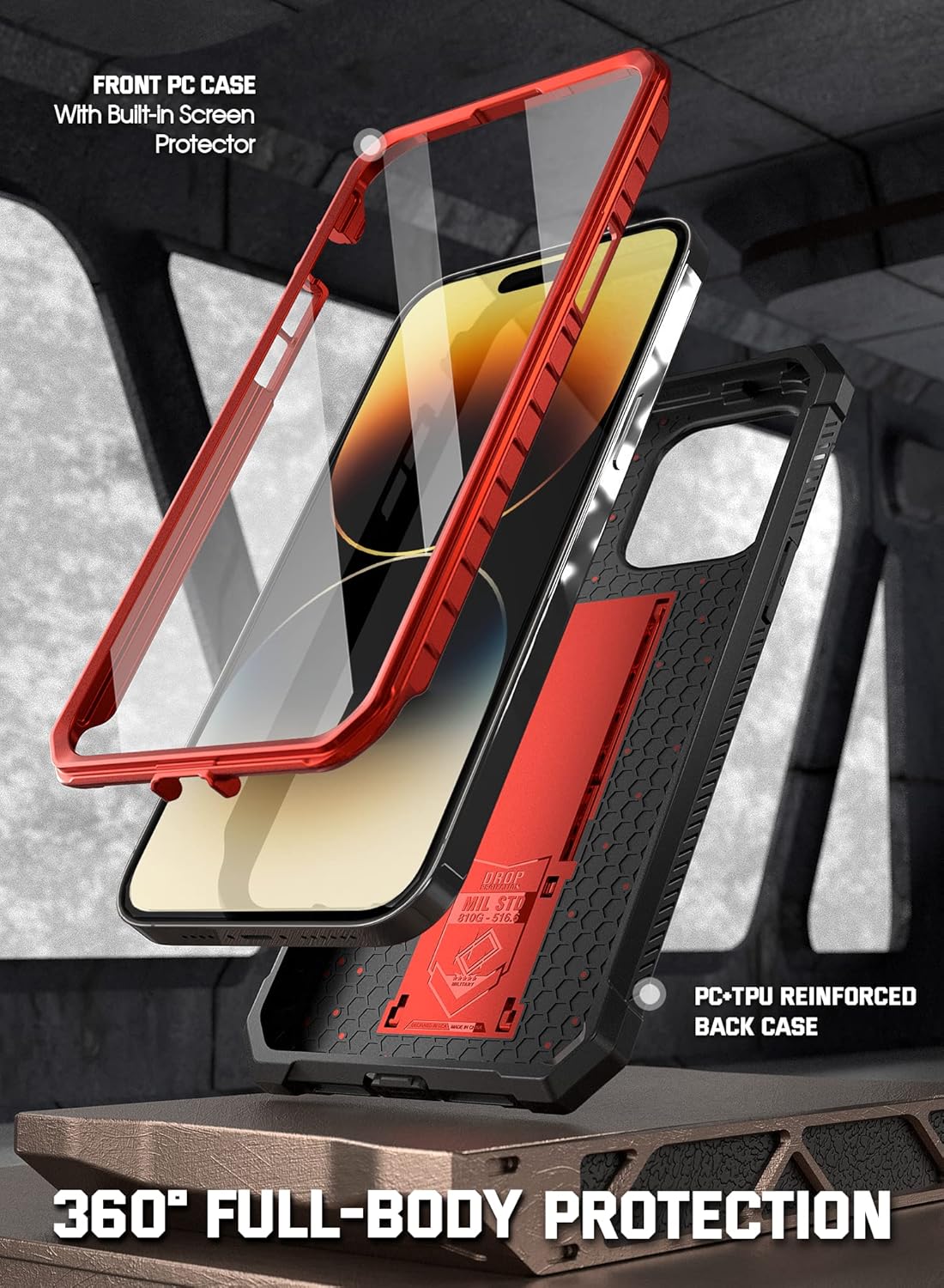 Poetic Compatible with iPhone 14 Pro Max Case, Spartan Phone Case for iPhone 14 Pro Max, Full Body Rugged Leather Texture Shockproof Protective Cover with Screen Protector and Kickstand, Metallic Red