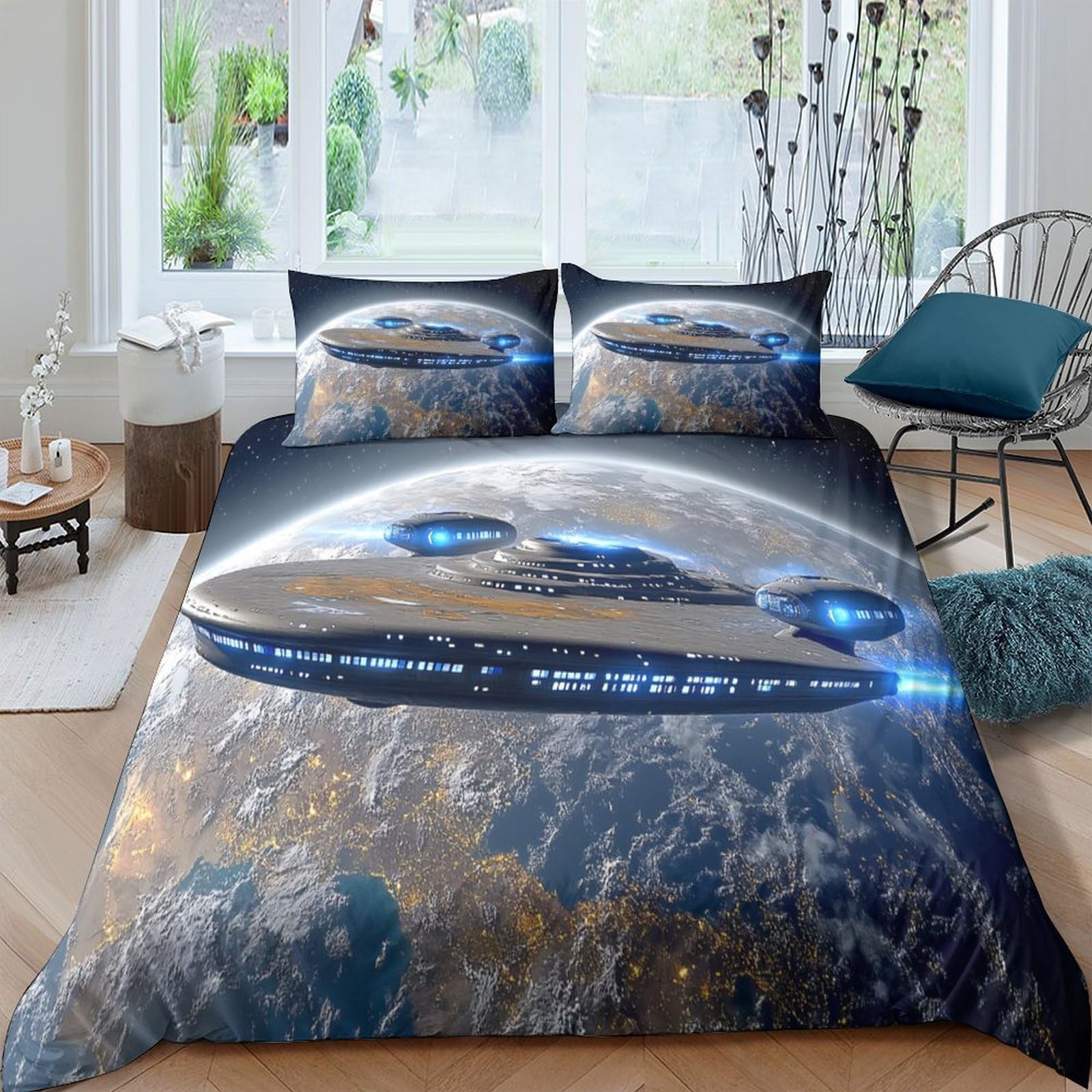 TUFRTGYHN 3D Printed Spaceship Earth Duvet Cover Microfiber Soft Breathable Galaxy Bedding Set with 2 Pillowcases for Bedroom Single（135x200cm）