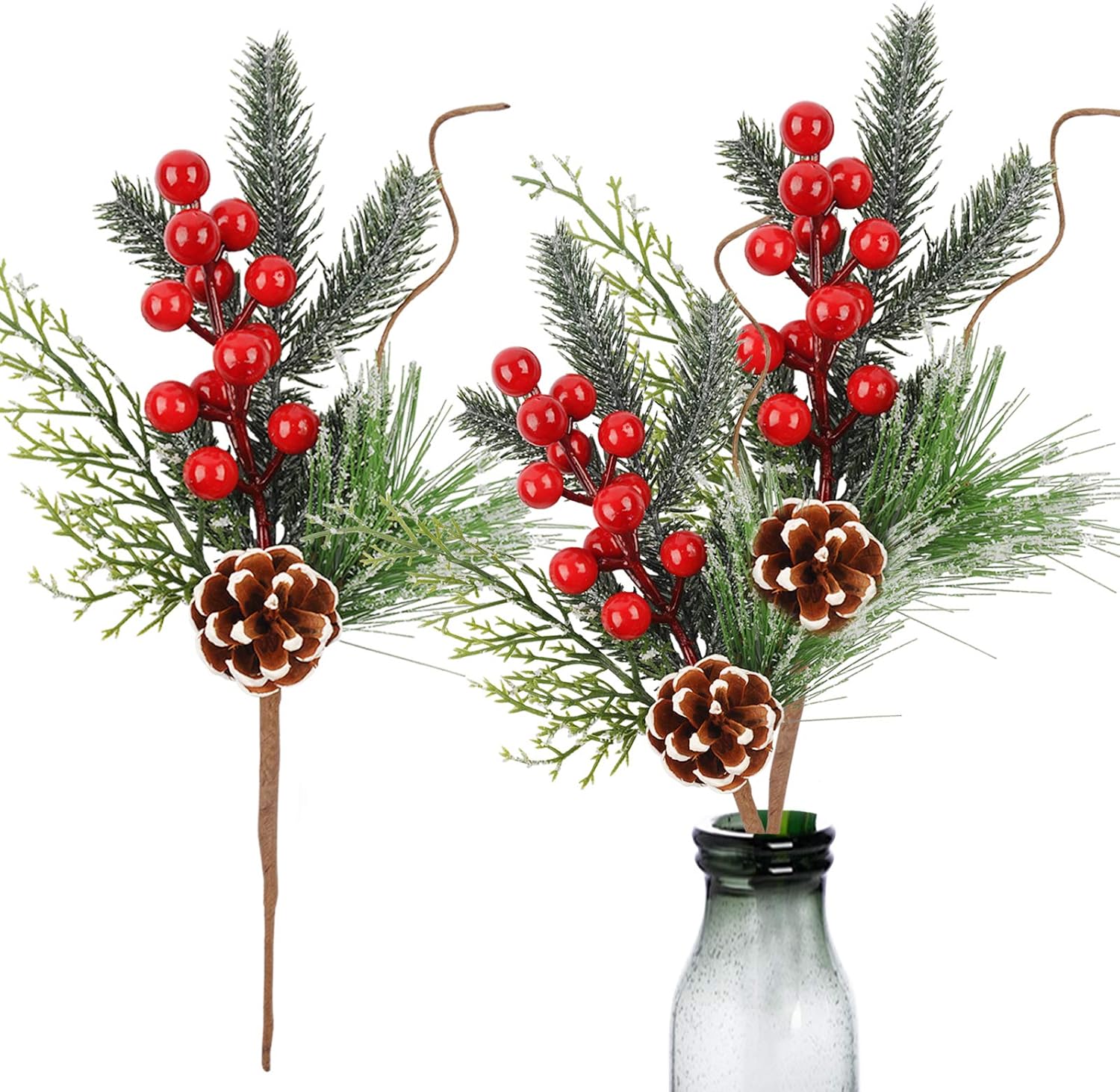 Meiliy 10pcs Christmas Berries Stems Artificial Pine Picks Pine Spray Floral Stems Red Berry Picks for Wedding Garden Christmas Tree DIY Craft Decorations
