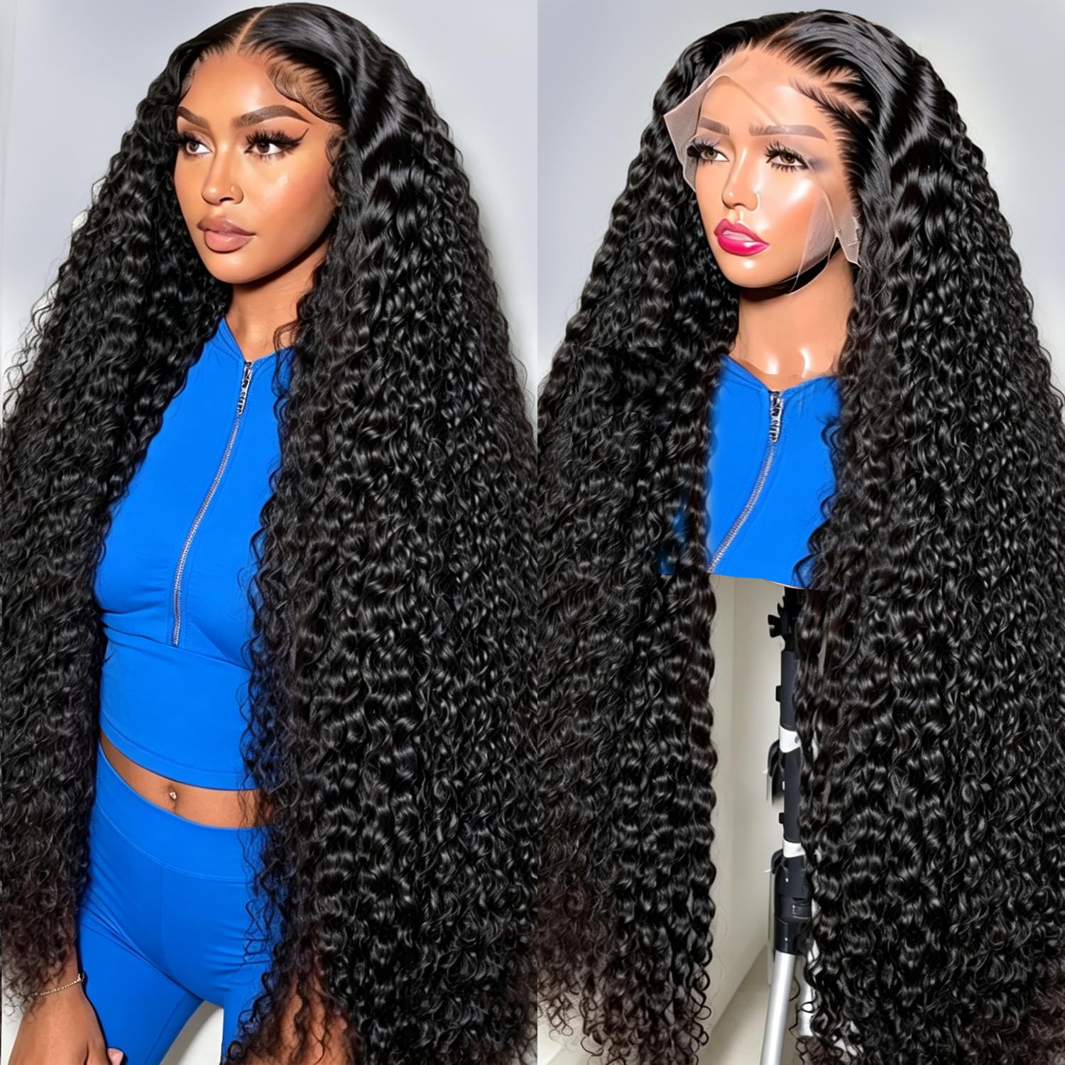 Photo 1 of EGK Deep Wave Lace Front Wigs Human Hair 220% Density 13x6 HD Curly Human Hair Wig 26 Inch Curly Human Hair Pre Plucked Deep Wave Frontal Wig With Baby Hair Natural Black True to Length