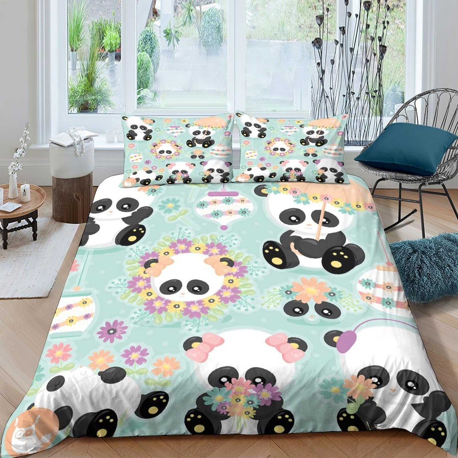 Ctjqhvkz Style-5 3D Printed Cute Panda Fitted Sheet Microfiber Soft Pastel Flowers Bed Sheet For Bedroom Dorm Mattress Cover Decor Single（135X200cm）