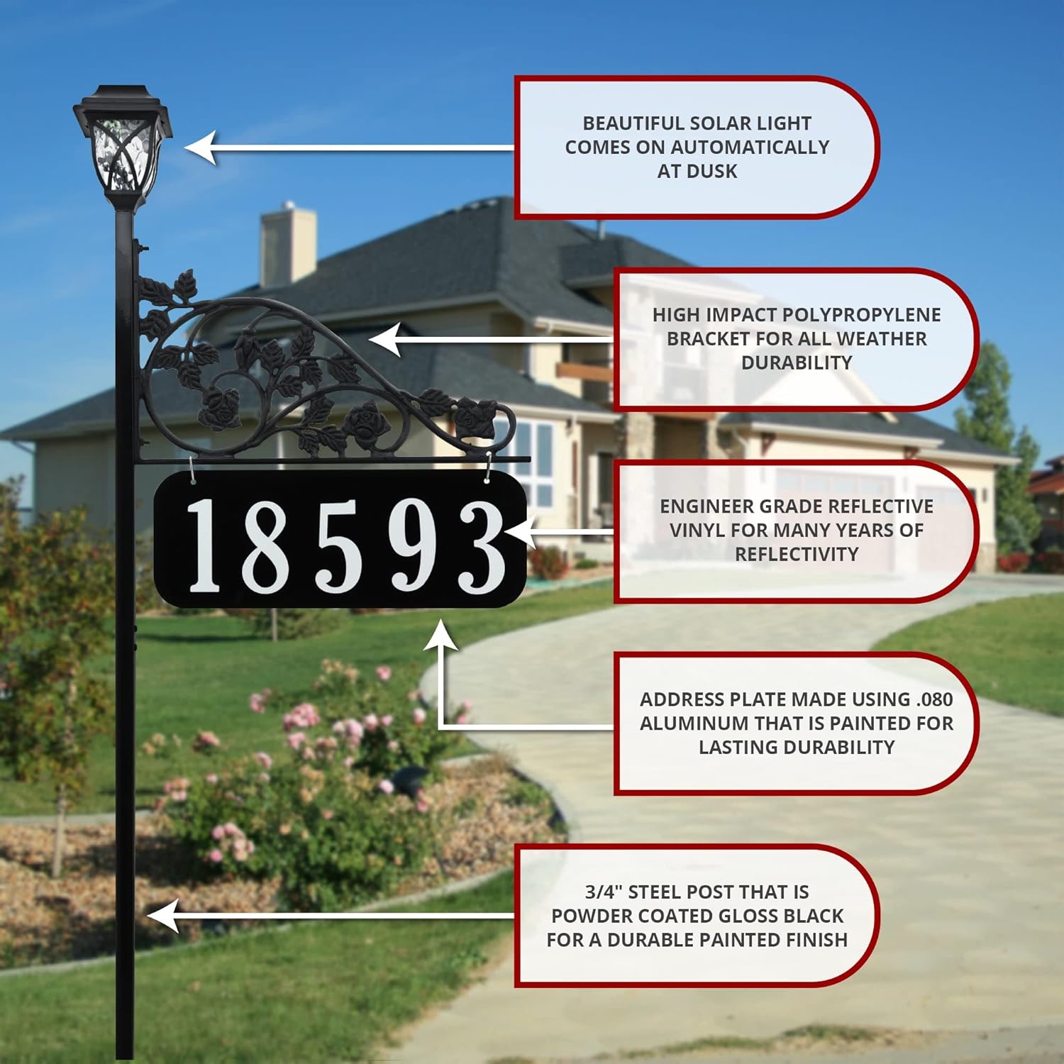 Address America USA Handcrafted Rose Reflective Double Sided Address Sign With Solar Light- 47" Pole - SL