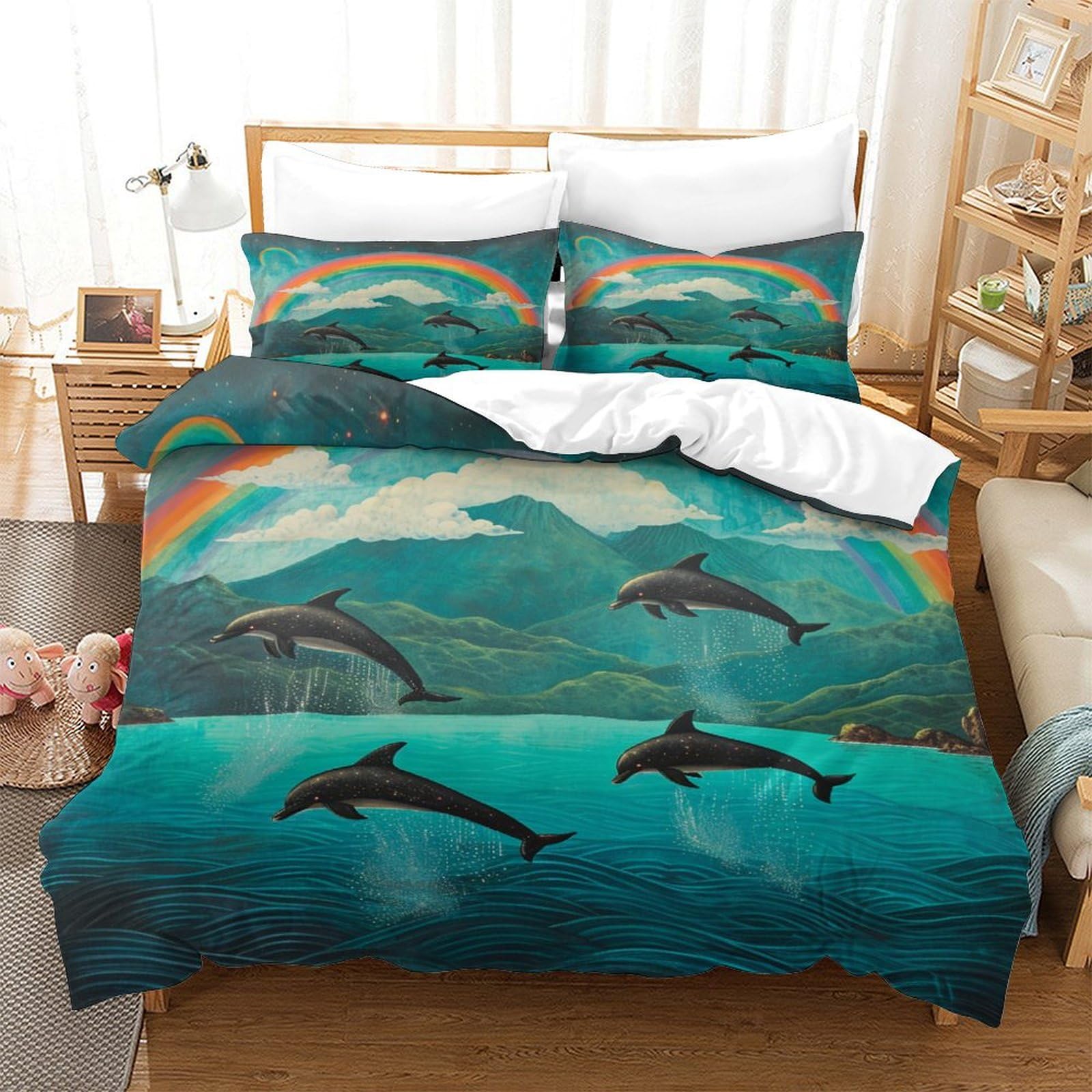 P1s9u7w5y Dolphin 3D Printed Ocean 3Pcs Duvet Cover Set Microfiber Watercolor Bedding Set Double（200X200cm）