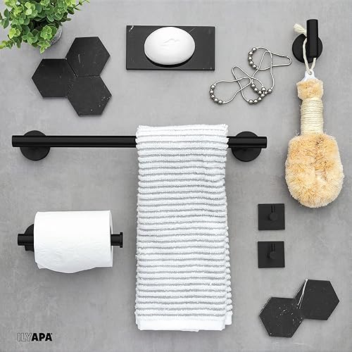 Miniatura 3 de Ilyapa Juego de accesorios de baño negro, juego de 3 piezas de toallero de baño negro mate, barra para toallas, soporte para papel higiénico, anillo