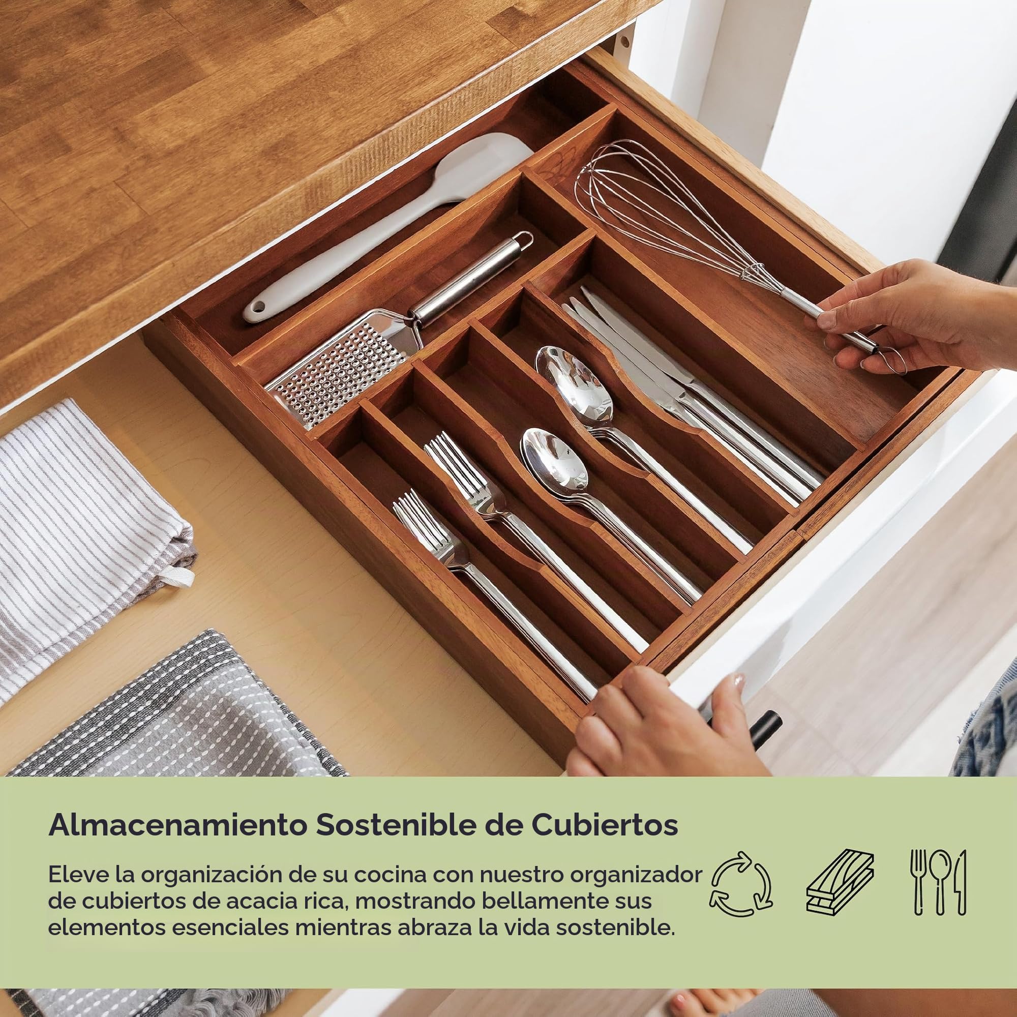 KitchenEdge Organizador de cubiertos y utensilios premium para cajones de cocina, ampliable a 71 cm de ancho, 10 compartimentos, 100% acacia