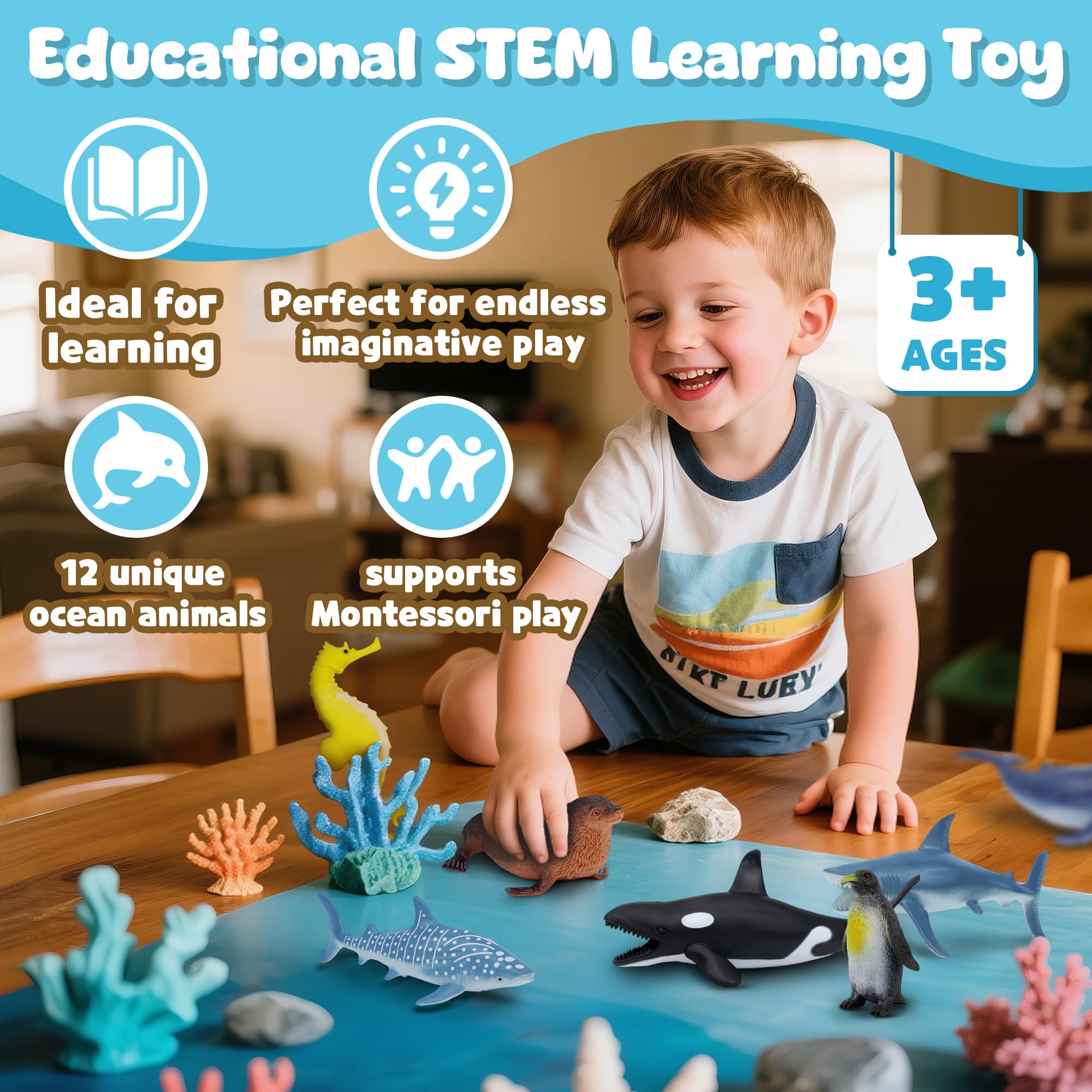 Ozean-Meereslebewesen-Spielzeugfiguren-Set für Kinder, 12-teilig, realistische Meerestiere mit Hai, Delfin, Meeresschildkröte, Pinguin – Meerestierfiguren für Jungen, Mädchen und Kleinkinder