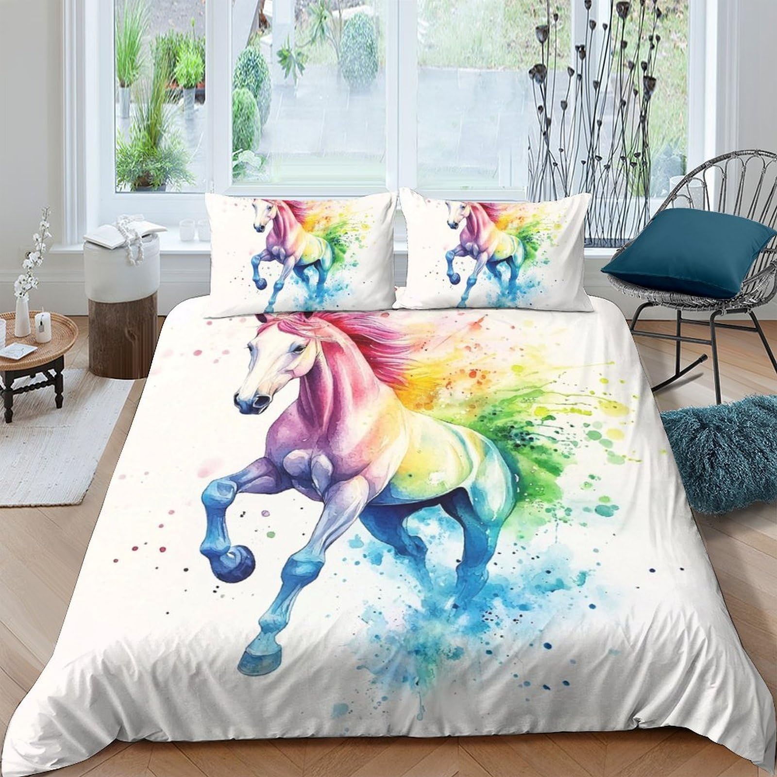 Ctjqhvkz Style-9 3D Printed Rainbow Unicorn Fitted Sheet Microfiber Soft Bedroom Decor Watercolor Horse Mattress Cover For Home Single（135X200cm）