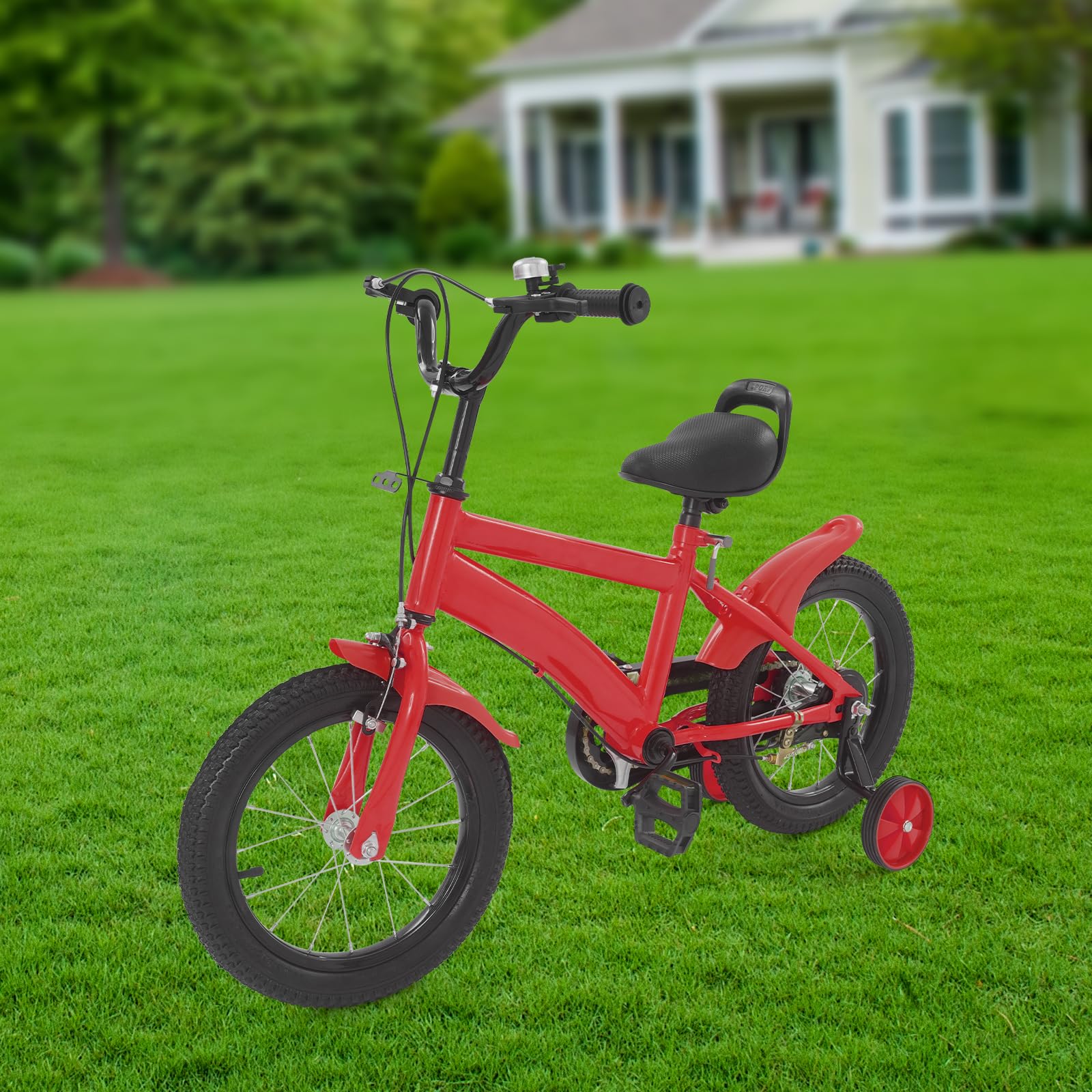 Bicicleta infantil de 14 pulgadas, color rojo, para niñas y niños a partir de 3 a 6 años, altura ajustable con ruedas estabilizadoras, freno de mano y guardabarros, de acero al carbono, regalo
