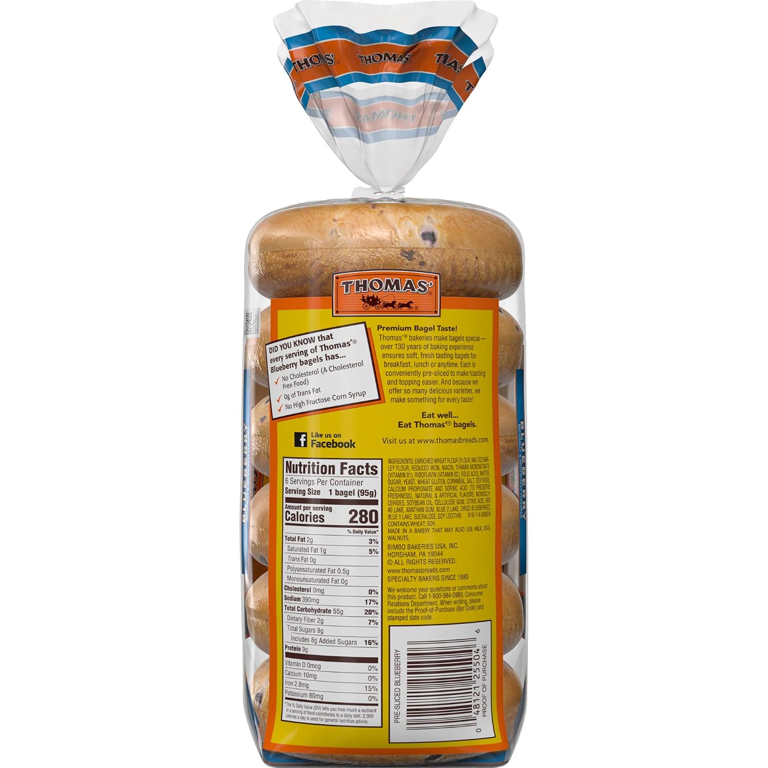 Thomas' Blueberry Soft & Chewy Pre-Sliced Bagels, 6 count, 20 oz