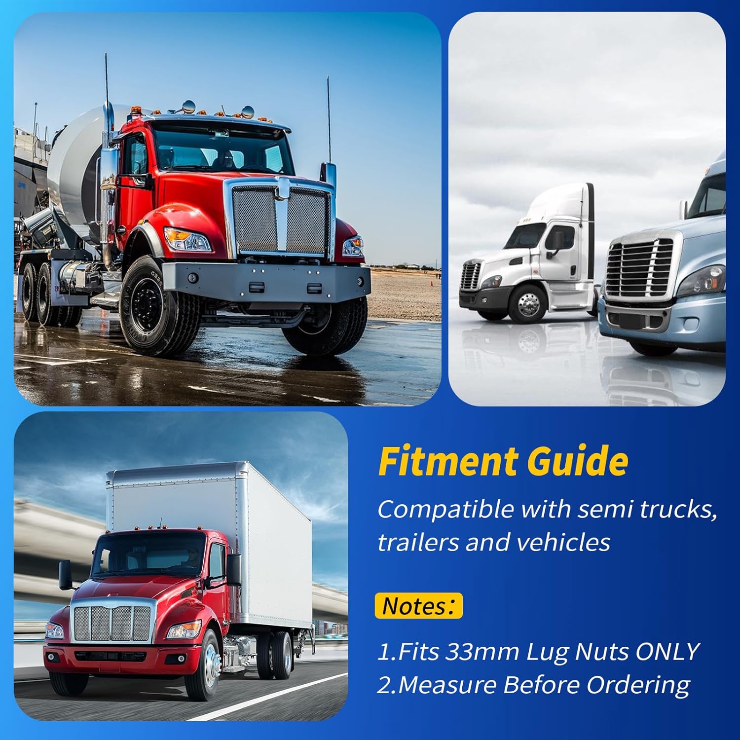 60 Pack 33mm Push-On Chrome Lug Nut Covers, 2-1/2" Tall ABS, Rust-Resistant Wheel Nut Covers Protect & Dress Up Semi Truck and Trailer Wheels