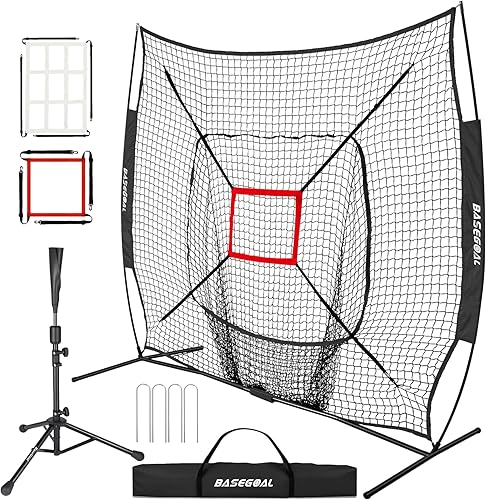 Vista 9 de 7'×7' Baseball Softball Practice Net,Baseball Backstop,with Batting Tee,for Hitting Pitching Batting Catching with Bow Frame,Bonus Strike Zone