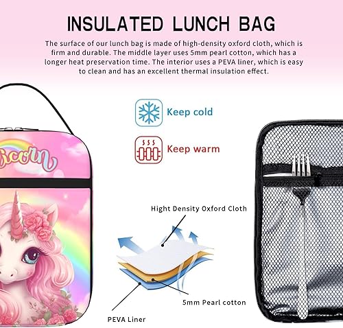 Miniatura 3 de Lonchera con diseño de unicornio arcoíris para niñas, con aislamiento para niñas, con soporte para botella de agua, recipientes para comidas con