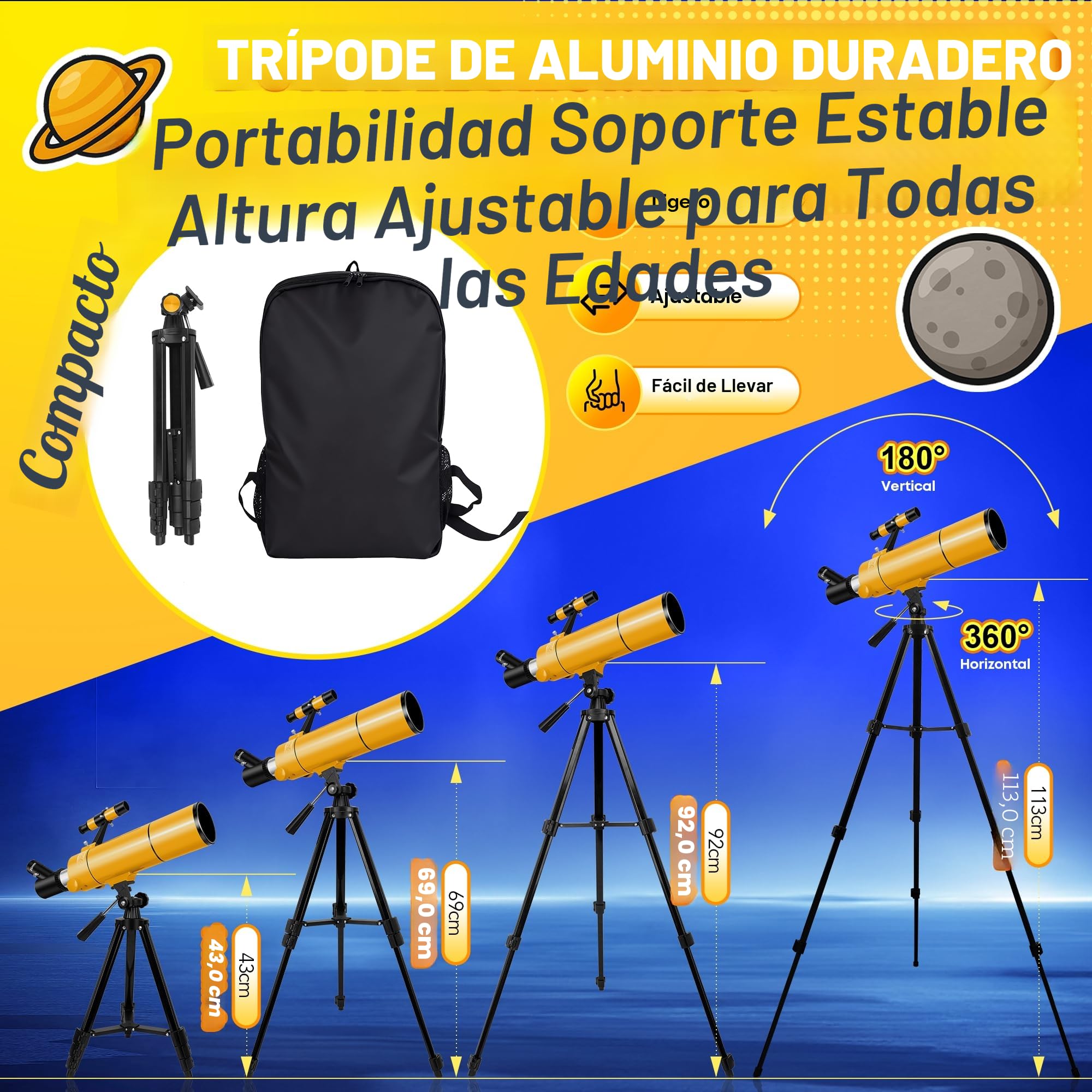 Telescopio Astronómico Profesional para Adultos y Niños Principiantes, 80/500 mm Telescopio Refractor Portátil con Trípode Ajustable, Adaptador para Teléfono, Mochila y Pegatinas Espaciales