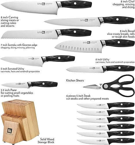 Miniatura 2 de Klaus Meyer Juego de cuchillos de 15 piezas, acero inoxidable alemán de alto carbono forjado con hoja afilada con bloque, cubiertos aptos para
