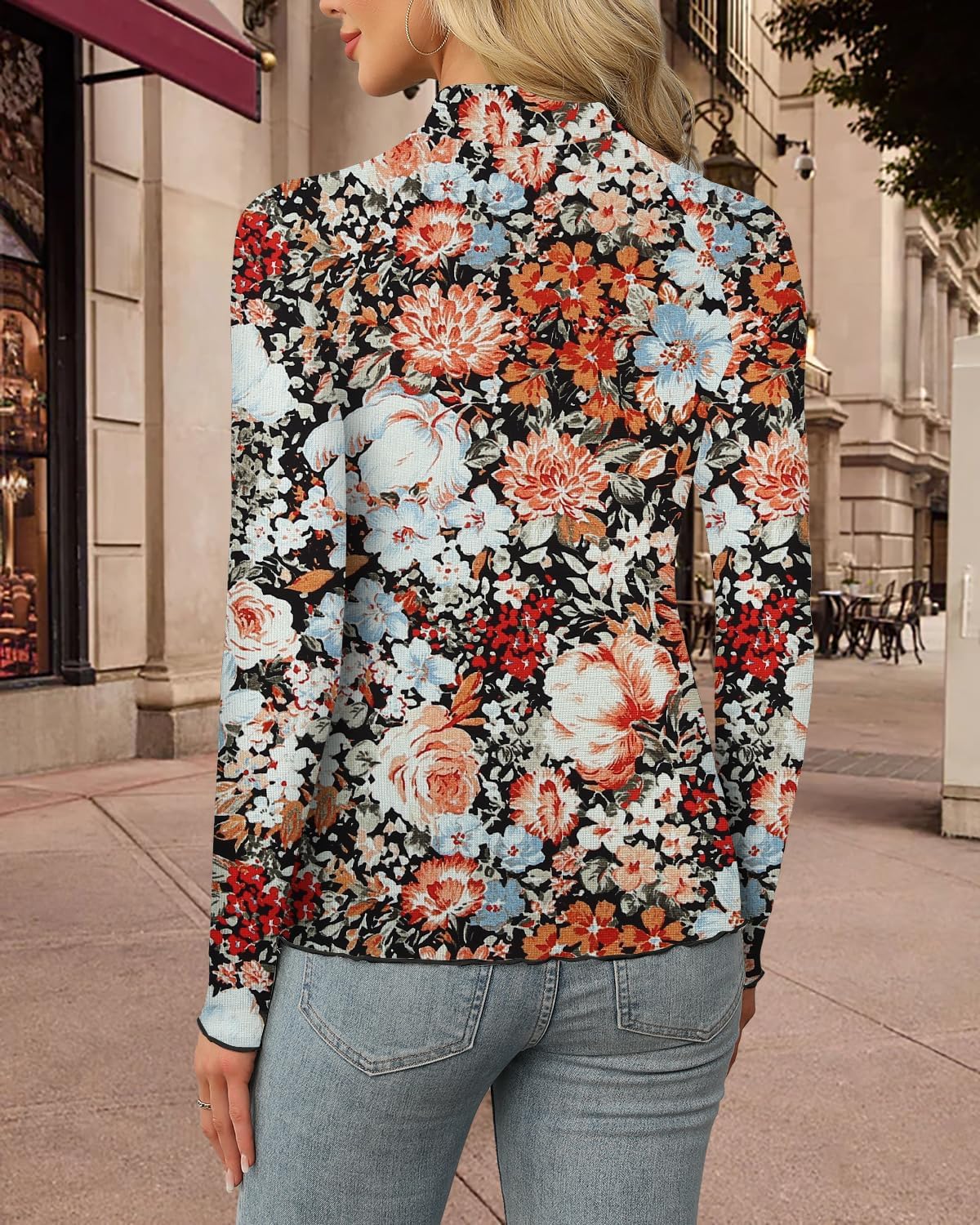 Aoulaydo Long Sleeve Floral Mesh Tops Mockneck Going Out Tops for Women Fashion Spring Outfits 2025 - Image 3