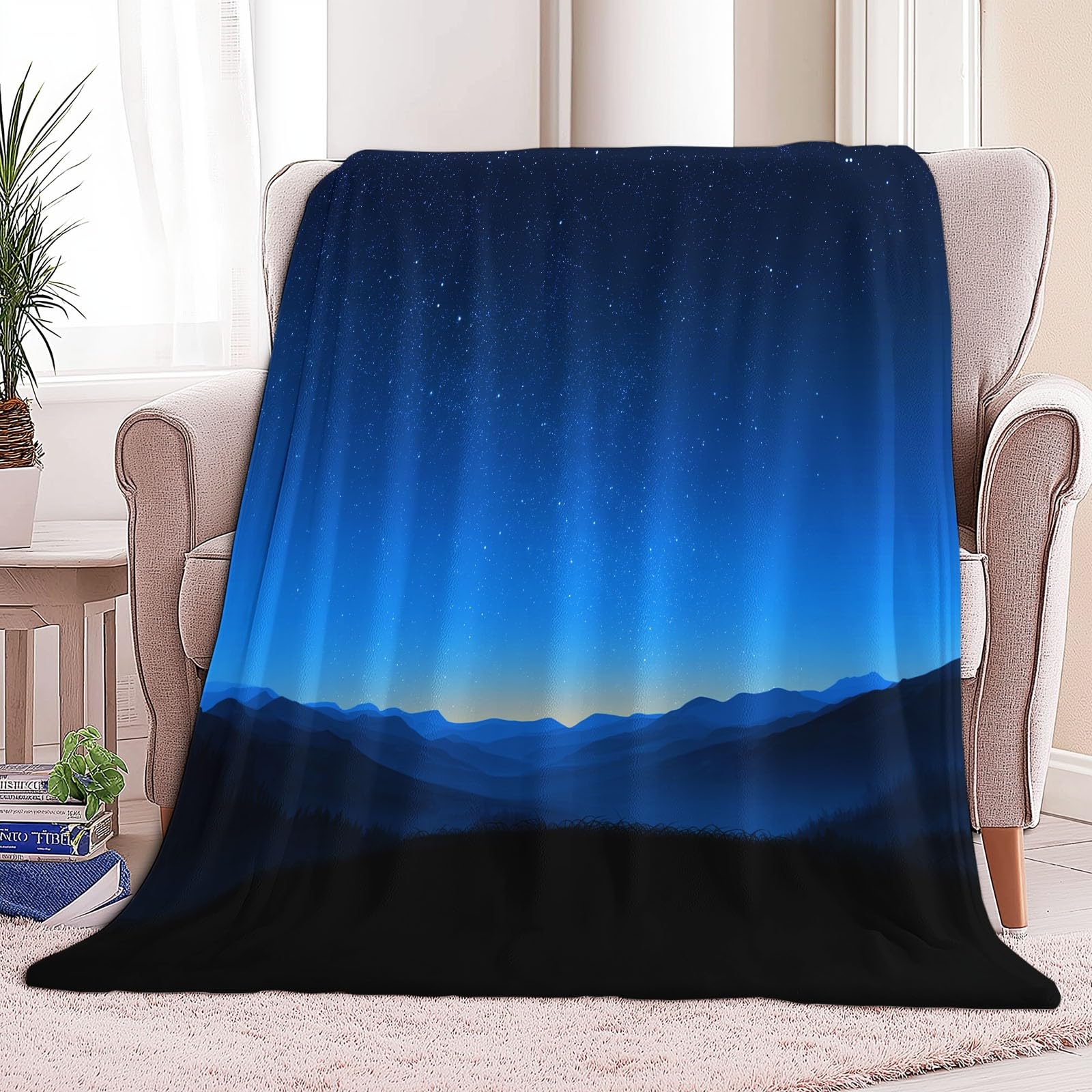 Koc Sherpa 200 x 200 cm Gwiaździsty Nocny Widok Góry Plaid Ciepły i wygodny koc Granatowy, Dwustronny, Hipoalergiczny, Na Krzesło Sofa Łóżko Biuro