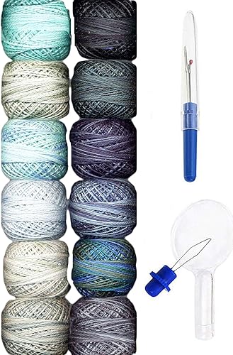 Valdani Hilo de bordar Perle Cotton Tamaño 8 Colección Ocean Waves teñido a mano con Artsiga Crafts Rascador de costuras y enhebrador de agujas