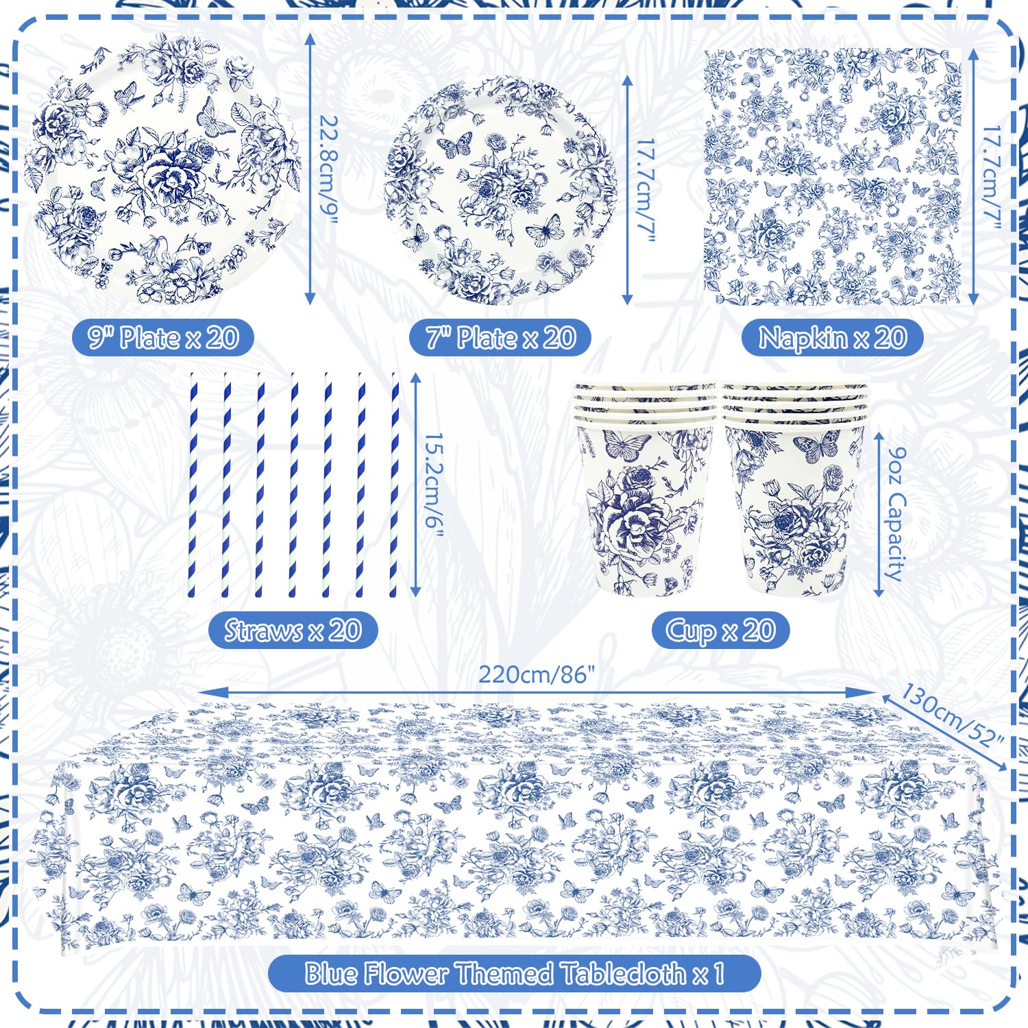 Décoration de fête florale bleue et blanche avec assiettes, gobelets, serviettes, nappes, pailles, pour anniversaire, mariage, chinoiserie pour 20 personnes