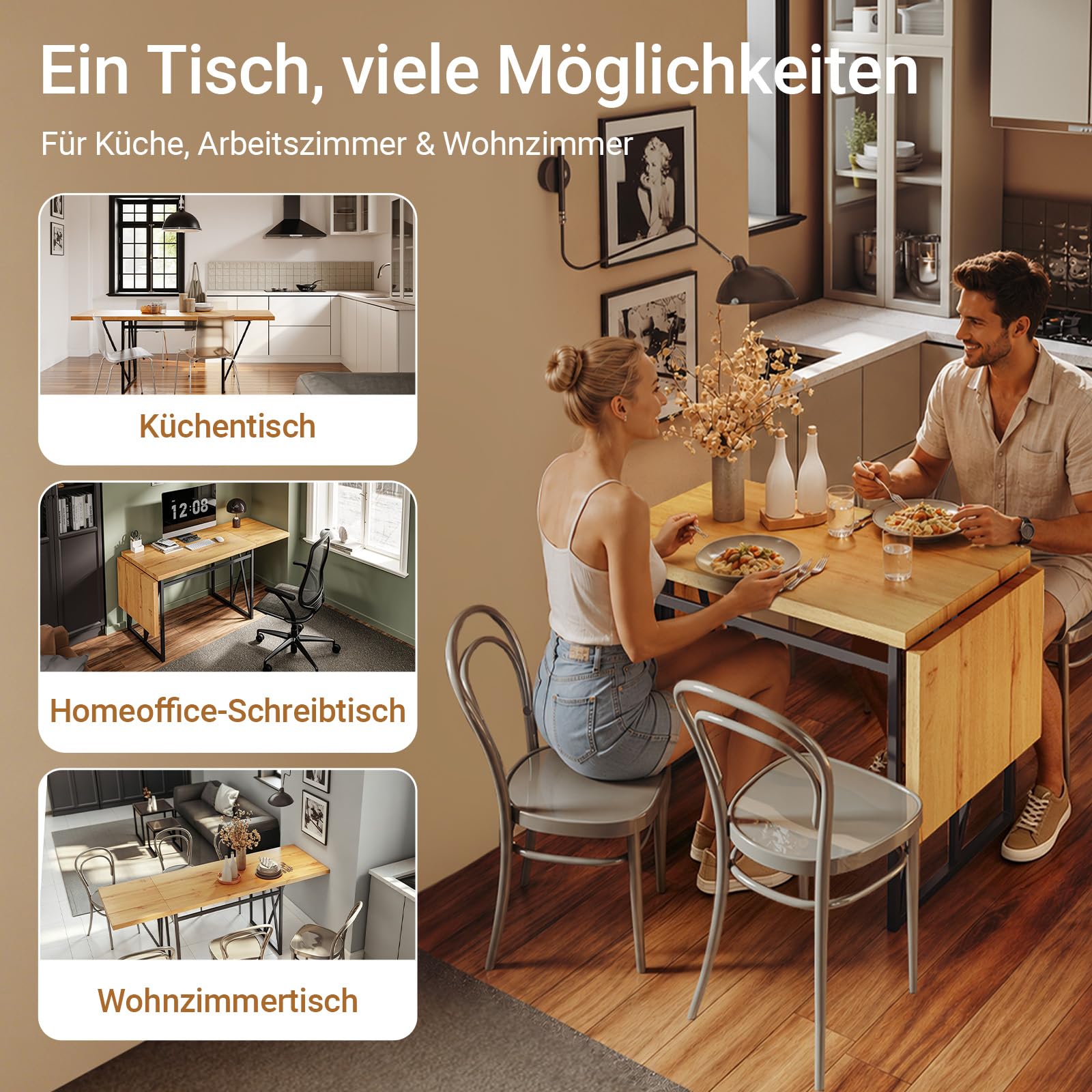 SoBuy Esstisch klappbar für 2-8 Personen, platzsparend, 65x(110-200) x76cm | Küchentisch ausziehbar, stabile Tischplatte in Holzoptik & Metallgestell, für Küche, Esszimmer & Arbeitsbereich, FWT113-N